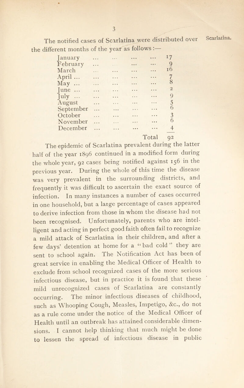 The notified cases of Scarlatina were distributed over the different months of the year as follows January February March April ... May ... Tune ... July ... August September October November December 17 9 16 7 8 2 9 5 6 3 6 4 Total 92 The epidemic of Scarlatina prevalent during the latter half of the year 1896 continued in a modified form during the whole year, 92 cases being notified against 156 in the previous year. During the whole of this time the disease was very prevalent in the surrounding districts, and frequently it was difficult to ascertain the exact source of infection. In many instances a number of cases occurred in one household, but a large percentage of cases appeared to derive infection from those in whom the disease had not been recognised. Unfortunately, parents who are intel¬ ligent and acting in perfect good faith often fail to recognize a mild attack of Scarlatina in their children, and after a few days’ detention at home for a “bad cold” they are sent to school again. The Notification Act has been of great service in enabling the Medical Officer of Health to exclude from school recognized cases of the more serious infectious disease, but in practice it is found that these mild unrecognized cases of Scarlatina are constantly occurring. The minor infectious diseases of childhood, such as Whooping Cough, Measles, Impetigo, &c., do not as a rule come under the notice of the Medical Officer of Health until an outbreak has attained considerable dimen¬ sions. I cannot help thinking that much might be done to lessen the spread of infectious disease in public Scarlatina.