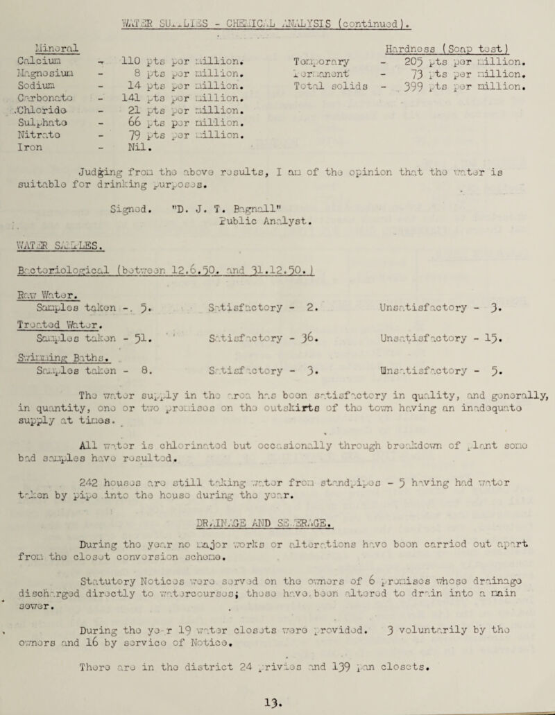WATJR SULLIES - CHEMICAL ANALYSIS (continued). Mineral Hardness (Soap tost) Calcium -r 110 pts per million. Temporary 205 pts per million. Magnesium 8 pts ^er million. permanent 73 I ts per million. Sodium 14 pts ^or ■million. Total solids . 399 pts 1 ©r million. Carbonate 141 pt3 por million. .Chloride 21 pts per million. Sulphate 66 pts per million. Nitrat0 79 Jr'tS per ■million. Iron Nil. • Judging from the above results, I am of the opinion that the water is suitable for drinking ^ur^oses. Signed. D. J. T. Hagnall” Public Analyst. WAT JR SCALES. Bacteriological (between 12.6. 30. and 31.12.*30. ) Raw Water. Samples takon 5* Satisfactory - 2. Unsatisfactory - 3» Treated Water. Samples taken - Jl. 1 Satisfactory - 3&« Unsatisfactory - 15. Swimming Baths, Samples taken - 8. Satisfactory - 3» Unsatisfactory - 5* The water supply in the area has boon satisfactory in quality, and generally, in quantity, one or two prei.isos on the outskirts of the town having an inadequate supply at tiroes. % All water is chlorinated but occasionally through breakdown of Alent some bad samples have resulted. 242 houses are still taking water from standpipes - 5 having had water taken by pipe into the house during the year. DR/.IN AGE AND Sfl-.r5RAGE. During tho year no major works or alterations have boon carried out apart from the closet conversion scheme. Statutory Notices were served on the owners of 6 l remises whoso drainage discharged directly to watercourses; these have,been altered to drain into a main sower. , During tho ye-r 19 water closets were provided. 3 voluntarily by the owners and l6 by service of Notice. There are in the district 24 privies and 139 pan closets.
