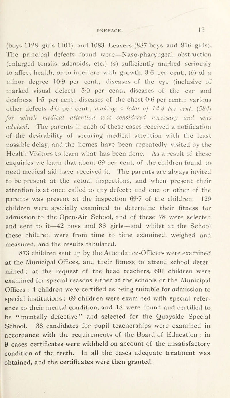 (boys 1128, girls 1101), and 1083 Leavers (887 boys and 916 girls). The principal defects found were—Naso-pharyngeal obstruction (enlarged tonsils, adenoids, etc.) (a) sufficiently marked seriously to affect health, or to interfere with growth, 36 per cent., (b) of a minor degree 10 9 per cent., diseases of the eye (inclusive of marked visual defect) 5-0 per cent., diseases of the ear and deafness 1*5 per cent., diseases of the chest 06 per cent.; various other defects 3-6 per cent., making a total of 14-4 per cent. (584) for which medical attention ivas considered necessary and was advised. The parents in each of these cases received a notification of the desirability of securing medical attention with the least possible delay, and the homes have been repeatedly visited by the Health Visitors to learn what has been done. As a result of these enquiries we learn that about 69 per cent, of the children found to need medical aid have received it. The parents are always invited to be present at the actual inspections, and when present their attention is at once called to any defect; and one or other of the parents was present at the inspection 69f7 of the children. 129 children were specially examined to determine their fitness for admission to the Open-Air School, and of these 78 were selected and sent to it—42 boys and 36 girls—and whilst at the School these children were from time to time examined, weighed and measured, and the results tabulated. 873 children sent up by the Attendance-Officers were examined at the Municipal Offices, and their fitness to attend school deter¬ mined ; at the request of the head teachers, 601 children were examined for special reasons either at the schools or the Municipal Offices ; 4 children were certified as being suitable for admission to special institutions ; 69 children were examined with special refer¬ ence to their mental condition, and 18 were found and certified to be “mentally defective” and selected for the Quayside Special School. 38 candidates for pupil teacherships were examined in accordance with the requirements of the Board of Education ; in 9 cases certificates were withheld on account of the unsatisfactory condition of the teeth. In all the cases adequate treatment was obtained, and the certificates were then granted.