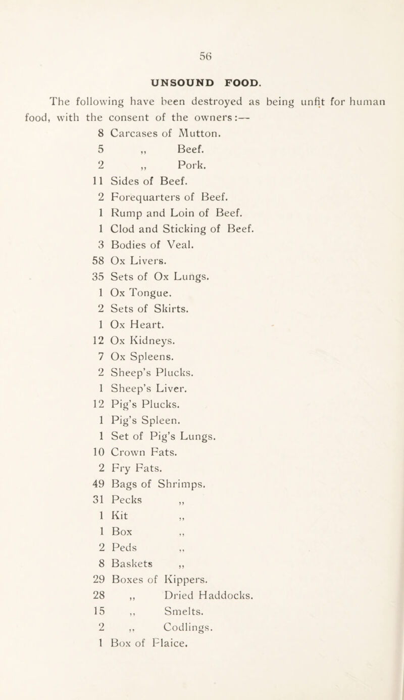 UNSOUND FOOD. The following have been destroyed as being unfit for human food, with the consent of the owners:— 8 Carcases of Mutton. 5 ,, Beef. 2 ,, Pork. 11 Sides of Beef. 2 Forequarters of Beef. 1 Rump and Loin of Beef. 1 Clod and Sticking of Beef. 3 Bodies of Veal. 58 Ox Livers. 35 Sets of Ox Lungs. 1 Ox Tongue. 2 Sets of Skirts. 1 Ox Heart. 12 Ox Kidneys. 7 Ox Spleens. 2 Sheep’s Plucks. 1 Sheep’s Liver. 12 Pig’s Plucks. 1 Pig’s Spleen. 1 Set of Pig’s Lungs. 10 Crown Fats. 2 Fry Fats. 49 Bags of Shrimps. 31 Pecks 1 Kit 1 Box 2 Peds 8 Baskets 29 Boxes of Kippers. 28 ,, Dried Haddocks. 15 ,, Smelts. 2 ,, Codlings. 1 Box of Plaice. 5? ? 9 > 5