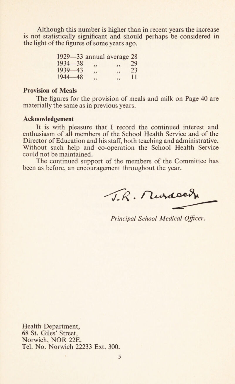 Although this number is higher than in recent years the increase is not statistically significant and should perhaps be considered in the light of the figures of some years ago. 1929—33 annual average 28 1934—38 „ „ 29 1939—43 „ „ 23 1944—48 „ „ 11 Provision of Meals The figures for the provision of meals and milk on Page 40 are materially the same as in previous years. Acknowledgement It is with pleasure that I record the continued interest and enthusiasm of all members of the School Health Service and of the Director of Education and his staff, both teaching and administrative. Without such help and co-operation the School Health Service could not be maintained. The continued support of the members of the Committee has been as before, an encouragement throughout the year. Principal School Medical Officer. Health Department, 68 St. Giles’ Street, Norwich, NOR 22E. Tel. No. Norwich 22233 Ext. 300.