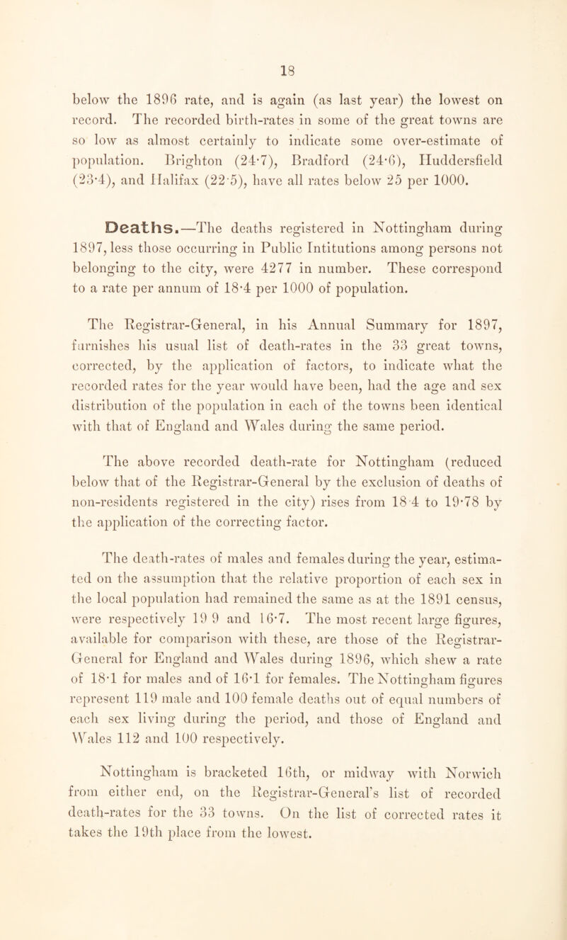 below the 1896 rate, and is again (as last year) the lowest on record. The recorded birth-rates in some of the great towns are so low as almost certainly to indicate some over-estimate of popnlation. Brighton (24*7), Bradford (24*6), Huddersfield (23’4), and Halifax (22 5), have all rates below 25 per 1000. Deaths.—The deaths registered in Nottingham during 1897, less those occurring in Public Intitutions among persons not belonging to the city, were 4277 in number. These correspond to a rate per annum of 18’4 per 1000 of population. The Registrar-General, in his Annual Summary for 1897, furnishes his usual list of death-rates in the 33 great towns, corrected, by the application of factors, to indicate what the recorded rates for the year would have been, had the age and sex distribution of the population in each of the towns been identical with that of England and Wales during the same period. The above recorded death-rate for Nottingham (reduced below that of the Registrar-General by the exclusion of deaths of non-residents registered in the city) rises from 18 4 to 19*78 by the application of the correcting factor. The death-rates of males and females during the year, estima¬ ted on the assumption that the relative proportion of each sex in the local population had remained the same as at the 1891 census, were respectively 19 9 and 16*7. The most recent large figures, available for comparison with these, are those of the Registrar- General for England and Wales during 1896, which shew a rate of 18*1 for males and of 16*1 for females. The Nottinorham fio'ures O represent 119 male and 100 female deaths out of equal numbers of each sex living during the period, and those of England and Wales 112 and 100 respectively. Nottingham is bracketed 16th, or midway with Norwich from either end, on the Registrar-General’s list of recorded deatli-rates for the 33 towns. On the list of corrected rates it takes the 19th place from the lowest.