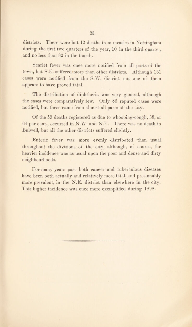 districts. There were but 12 deaths from measles in Nottino-ham during the first two quarters of the year, 10 in the third quarter, and no less than 82 in the fourth. Scarlet fever was once more notified from all parts of the town, but S.E. suffered'more than other districts. Although 131 cases were notified from the S.W. district, not one of them apjDears to have proved fatal. The distribution of diphtheria was very general, although the cases were comparatively few. Only 85 reputed cases were notified, but these came from almost all parts of the city. Of the 59 deaths registered as due to whooping-cough, 38, or 64 per cent., occurred in N,W. and N.E. There was no death in Bulwell, but all the other districts suffered slightly. Enteric fever was more evenly distributed than usual throughout the divisions of the city, although, of course, the heavier incidence was as usual upon the poor and dense and dirty neighbourhoods. For many years past both cancer and tuberculous diseases have been both actually and relatively more fatal, and presumably more prevalent, in the N.E. district than elsewhere in the city. This higher incidence was once more exemplified during 1898.