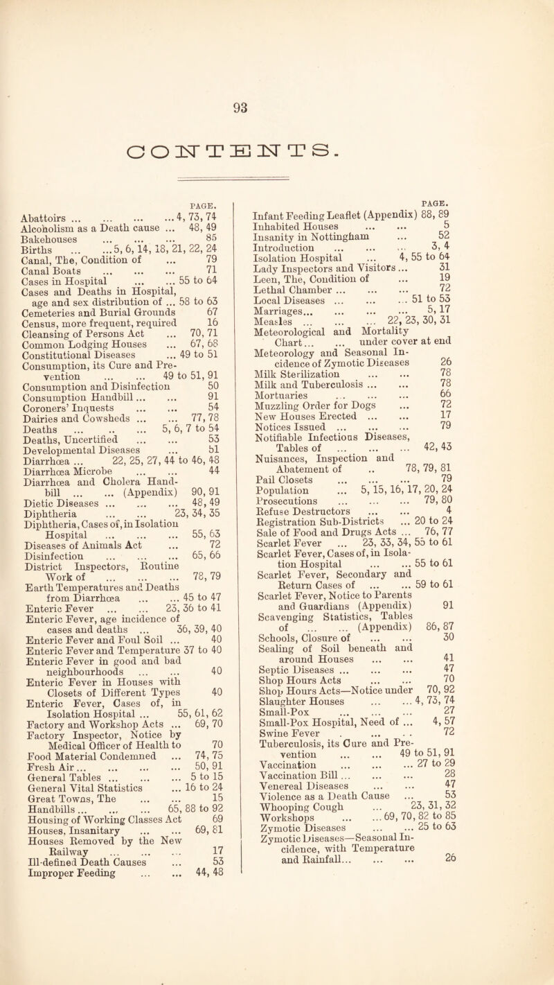 O O T E! IsT T S . PAGE. Abattoirs. 4-, 73, 74- Alcoholism as a Death cause ... 48, 49 Bakehouses . 85 Births .5,6,14,18,21,22,24 Canal, The, Condition of ... 79 Canal Boats ... ... ... 71 Cases in Hospital ... ... 55 to 64 Cases and Deaths in Hospital, age and sex distribution of ... 58 to 63 Cemeteries and Burial Grounds 67 Census, more frequent, required 16 Cleansing of Persons Act ... 70, 71 Common Lodging Houses ... 67, 68 Constitutional Diseases ... 49 to 51 Consumption, its Cure and Pre¬ vention ... ... 49 to 51, 91 Consumption and Disinfection 50 Consumption Handbill. 91 Coroners’ Inquests . 54 Dairies and Cowsheds. 77, 78 Deaths . 5, 6, 7 to 54 Deaths, Uncertified . 53 Developmental Diseases ... 51 Diarrhoea ... 22, 25, 27, 44 to 46, 48 Diarrhoea Microbe ... ... 44 Diarrhoea and Cholera Hand¬ bill . (Appendix) 90,91 Dietic Diseases. 48, 49 Diphtheria . 23,34,35 Diphtheria, Cases of, in Isolation Hospital . 55, 63 Diseases of Animals Act ... 72 Disinfection ... ... ... 65,66 District Inspectors, Eoutine Work of ... ... ... 78,79 Earth Temperatures and Deaths from Diarrhoea .45 to 47 Enteric Fever ... ... 23,36 to 41 Enteric Fever, age incidence of cases and deaths ... 36, 39, 40 Enteric Fever and Foul Soil ... 40 Enteric Fever and Temperature 37 to 40 Enteric Fever in good and bad neighbourhoods . 40 Enteric Fever in Houses with Closets of Different Types 40 Enteric Fever, Cases of, in Isolation Hospital ... 55, 61, 62 Factory and Workshop Acts ... 69, 70 Factory Inspector, Notice by Medical Officer of Health to 70 Food Material Condemned • • • 74, 75 Fresh Air.. « • • 50, 91 General Tables ... # • t 5 to 15 General Vital Statistics • • • 16 to 24 Great Towns, The • « • 15 Handbills... 65, 88 to 92 Housing of Working Classes Act 69 Houses, Insanitary Houses Eemoved by the New 69, 81 Eailway . • '. 17 Ill-defined Death Causes • t • 53 Improper Feeding • • • 44, 48 26 78 78 66 72 17 79 42, 43 PAGE. Infant Feeding Leaflet (Appendix) 88, 89 Inhabited Houses ... ... 6 Insanity in Nottingham ... 52 Introduction . 3, 4 Isolation Hospital ... 4, 55 to 64 Lady Inspectors and Visitors ... 31 Leen, The, Condition of ... 19 Lethal Chamber. 72 Local Diseases. ... 51 to 55 Marriages. 5,17 Measles . 22, 25, 30, 51 Meteorological and Mortality Chart. under cover at end Meteorology and Seasonal In¬ cidence of Zymotic Diseases Milk Sterilization Milk and Tuberculosis. Mortuaries . Muzzling Order for Dogs New Houses Erected ... Notices Issued.. Notifiable Infections Diseases, Tables of . Nuisances, Inspection and Abatement of .. 78, 79, 81 Pail Closets . 79 Population ... 5, 15,16, 17, 20, 24 Prosecutions . 79, 80 Eefuse Destructors .. 4 Eegistration Sub-Districts ... 20 to 24 Sale of Food and Drugs Acts ... 76, 77 Scarlet Fever ... 23, 33, 34, 55 to 61 Scarlet Fever, Cases of, in Isola¬ tion Hospital .55 to 61 Scarlet Fever, Secondary and Eeturn Cases of Scarlet Fever, Notice to Parents and Guardians (Appendix) Scavenging Statistics, Tables of . (Appendix) Schools, Closure of . Sealing of Soil beneath and around Houses . Septic Diseases ... Shop Hours Acts . Shop Hours Acts—Notice under Slaughter Houses Small-Pox . Small-Pox Hospital, Need of ... Swine Fever . . Tuberculosis, its Cure and Pre¬ vention ... ... 49 to 51,91 Vaccination .27 to 29 Vaccination Bill. 28 Venereal Diseases ... ... 47 Violence as a Death Cause ... 53 Whooping Cough ... 23, 31, 32 Workshops . 69, 70, 82 to 85 Zymotic Diseases ... ... 25 to 65 Zymotic Diseases—Seasonal In¬ cidence, with Temperature and Eainfall. 26 59 to 61 91 86, 87 30 41 47 70 70, 92 4, 73, 74 27 4, 57 72