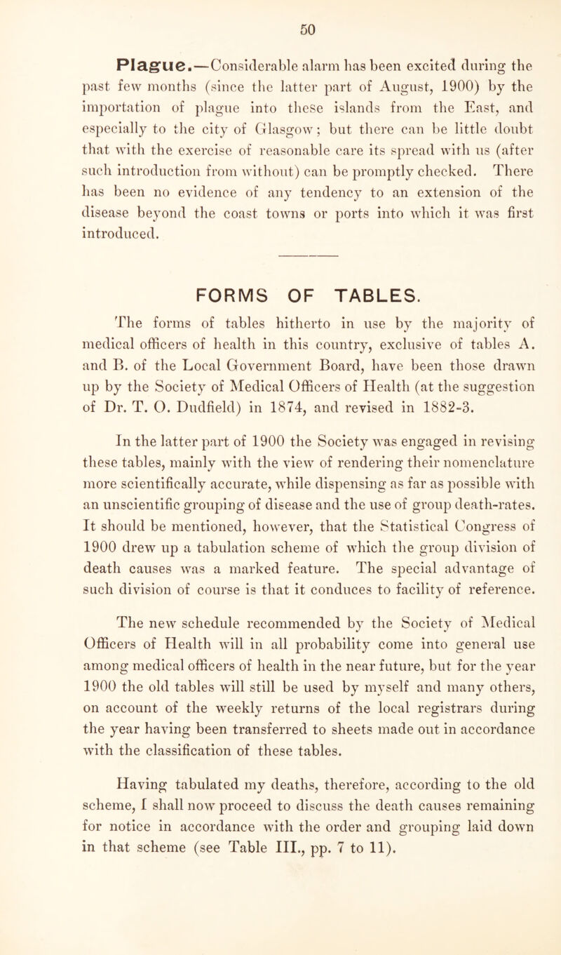 Plague.—Considerable alarm has been excited during the past few months (since the latter part of August, 1900) by the importation of plague into these islands from the East, and especially to the city of Glasgow; but there can be little doubt that with the exercise of reasonable care its spread with us (after such introduction from without) can be promptly checked. There has been no evidence of any tendency to an extension of the disease beyond the coast towns or ports into which it was first introduced. FORMS OF TABLES. The forms of tables hitherto in use by the majority of medical officers of health in this country, exclusive of tables A. and B. of the Local Government Board, have been those drawn up by the Society of Medical Officers of Health (at the suggestion of Dr. T. O. Dudfield) in 1874, and revised in 1882-3. In the latter part of 1900 the Society was engaged in revising these tables, mainly with the view of rendering their nomenclature more scientifically accurate, while dispensing as far as possible with an unscientific grouping of disease and the use of group death-rates. It should be mentioned, however, that the Statistical Congress of 1900 drew up a tabulation scheme of which the group division of death causes was a marked feature. The special advantage of such division of course is that it conduces to facility of reference. The new schedule recommended by the Society of Medical Officers of Health will in all probability come into general use among medical officers of health in the near future, but for the year 1900 the old tables will still be used by myself and many others, on account of the weekly returns of the local registrars during the year having been transferred to sheets made out in accordance with the classification of these tables. Having tabulated my deaths, therefore, according to the old scheme, I shall now proceed to discuss the death causes remaining for notice in accordance with the order and grouping laid down in that scheme (see Table III., pp. 7 to 11).