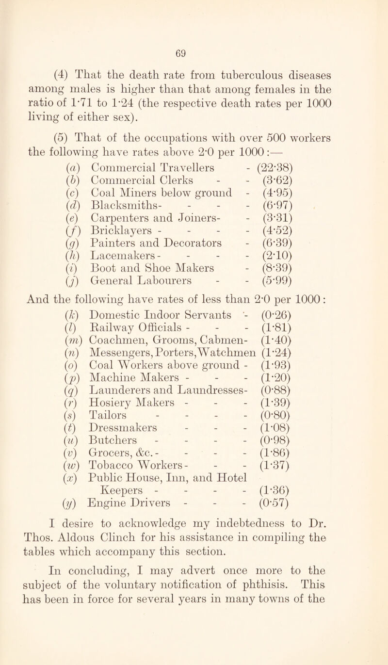 (4) That the death rate from tuberculous diseases among males is higher than that among females in the ratio of 1*71 to 1*24 (the respective death rates per 1000 living of either sex). (5) That of the occupations with over 500 workers the following have rates above 2*0 per 1000:— (a) Commercial Travellers - (22*38) (b) Commercial Clerks - - (3*62) (c) Coal Miners below ground - (4*95) (d) Blacksmiths- - - - (6*97) (e) Carpenters and Joiners- - (3*31) (/) Bricklayers - (4*52) (g) Painters and Decorators - (6*39) (h) Lacemakers- - - - (2*10) (i) Boot and Shoe Makers - (8*39) (j) General Labourers - - (5*99) And the following have rates of less than 2*0 per 1000: (A) Domestic Indoor Servants (0*26) (Z) Bailway Officials - - - (1*81) (m) Coachmen, Grooms, Cabmen- (1*40) (n) Messengers, Porters,Watchmen (1*24) (o) Coal Workers above ground - (1*93) (p) Machine Makers - - - (1*20) (q) Launderers and Laundresses- (0*88) (r) Hosiery Makers - - - (1*39) (.s) Tailors - - - - (0*80) (Z) Dressmakers - - - (1*08) (u) Butchers - - - - (0*98) (v) Grocers, &c. - - - - (1*86) (w) Tobacco Workers- - - (1*37) (x) Public House, Inn, and Hotel Keepers - (1*36) (y) Engine Drivers - - - (0*57) I desire to acknowledge my indebtedness to Dr. Thos. Aldous Clinch for his assistance in compiling the tables which accompany this section. In concluding, I may advert once more to the subject of the voluntary notification of phthisis. This has been in force for several years in many towns of the