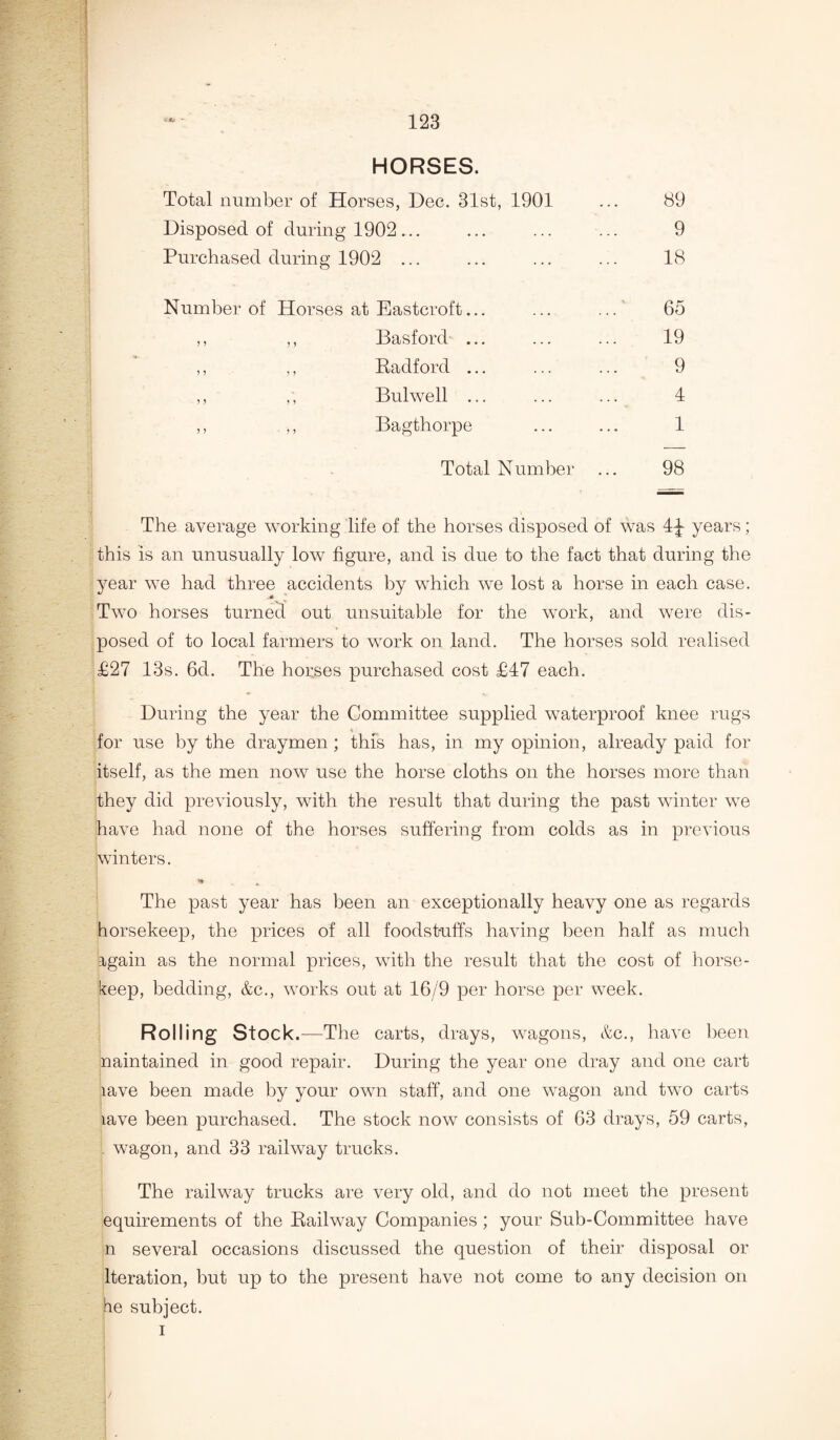 HORSES. Total number of Horses, Dec. 31st, 1901 Disposed of during 1902... Purchased during 1902 ... Number of Horses at Eastcroft... ,, ,, Basford ... ,, ,, Radford ... ,, ,; Bulwell ... ,, ,, Bagthorpe Total Number 89 9 18 65 19 9 4 1 98 The average working life of the horses disposed of was 4^- years; this is an unusually low figure, and is due to the fact that during the Two horses turned out unsuitable for the work, and were dis¬ posed of to local farmers to work on land. The horses sold realised £27 13s. 6d. The hor„ses purchased cost £47 each. During the year the Committee supplied waterproof knee rugs for use by the draymen; this has, in my opinion, already paid for itself, as the men now use the horse cloths on the horses more than they did previously, with the result that during the past winter we have had none of the horses suffering from colds as in previous winters. The past year has been an exceptionally heavy one as regards horsekeep, the prices of all foodstuffs having been half as much again as the normal prices, with the result that the cost of horse- keep, bedding, &c., works out at 16/9 per horse per week. Rolling Stock .—The carts, drays, wagons, &c., have been naintained in good repair. During the year one dray and one cart lave been made by your own staff, and one wagon and two carts lave been purchased. The stock now consists of 63 drays, 59 carts, . wagon, and 33 railway trucks. The railway trucks are very old, and do not meet the present equirements of the Railway Companies ; your Sub-Committee have n several occasions discussed the question of their disposal or Iteration, but up to the present have not come to any decision on be subject.