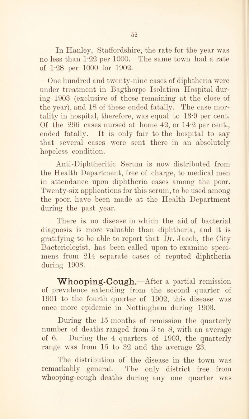 In Hanley, Staffordshire, the rate for the year was no less than 1’22 per 1000. The same town had a rate of 1*28 per 1000 for 1902. One hundred and twenty-nine cases of diphtheria were under treatment in Bagthorpe Isolation Hospital dur¬ ing 1903 (exclusive of those remaining at the close of the year), and 18 of these ended fatally. The case mor¬ tality in hospital, therefore, was equal to 13*9 per cent. Of the 296 cases nursed at home 42, or 14*2 per cent., ended fatally. It is only fair to the hospital to say that several cases were sent there in an absolutely hopeless condition. Anti-Diphtheritic Serum is now distributed from the Health Department, free of charge, to medical men in attendance upon diphtheria cases among the poor. Twenty-six applications for this serum, to be used among the poor, have been made at the Health Department during the past year. There is no disease in which the aid of bacterial diagnosis is more valuable than diphtheria, and it is gratifying to be able to report that Dr. Jacob, the City Bacteriologist, has been called upon to examine speci¬ mens from 214 separate cases of reputed diphtheria during 1903. Whooping-Cough.—After a partial remission of prevalence extending from the second quarter of 1901 to the fourth quarter of 1902, this disease was once more epidemic in Nottingham during 1903. During the 15 months of remission the quarterly number of deaths ranged from 3 to 8, with an average of 6. During the 4 quarters of 1903, the quarterly range was from 15 to 32 and the average 23. The distribution of the disease in the town was remarkably general. The only district free from whooping-cough deaths during any one quarter was
