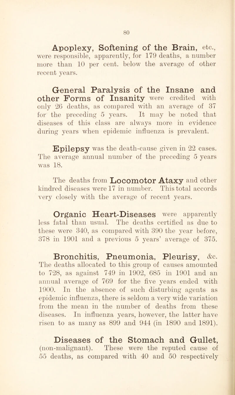 Apoplexy, Softening of the Brain, etc., were responsible, apparently, for 179 deaths, a number more than 10 per cent, below the average of other recent years. General Paralysis of the Insane and other Forms of Insanity were credited with only 26 deaths, as compared with an average of 37 for the preceding 5 years. It may be noted that diseases of this class are always more in evidence during years when epidemic influenza is prevalent. Epilepsy was the death-cause given in 22 cases. The average annual number of the preceding 5 years was 18. The deaths from Locomotor Ataxy and other kindred diseases were 17 in number. This total accords very closely with the average of recent years. Organic Heart-Diseases were apparently less fatal than usual. The deaths certified as due to these were 340, as compared with 390 the year before, 378 in 1901 and a previous 5 years’ average of 375. Bronchitis, Pneumonia, Pleurisy, &c. The deaths allocated to this group of causes amounted to 728, as against 749 in 1902, 685 in 1901 and an annual average of 769 for the five years ended with 1900. In the absence of such disturbing agents as epidemic influenza, there is seldom a very wide variation from the mean in the number of deaths from these diseases. In influenza years, however, the latter have risen to as many as 899 and 944 (in 1890 and 1891). Diseases of the Stomach and Gullet, (non-malignant). These were the reputed cause of 55 deaths, as compared with 40 and 50 respectively