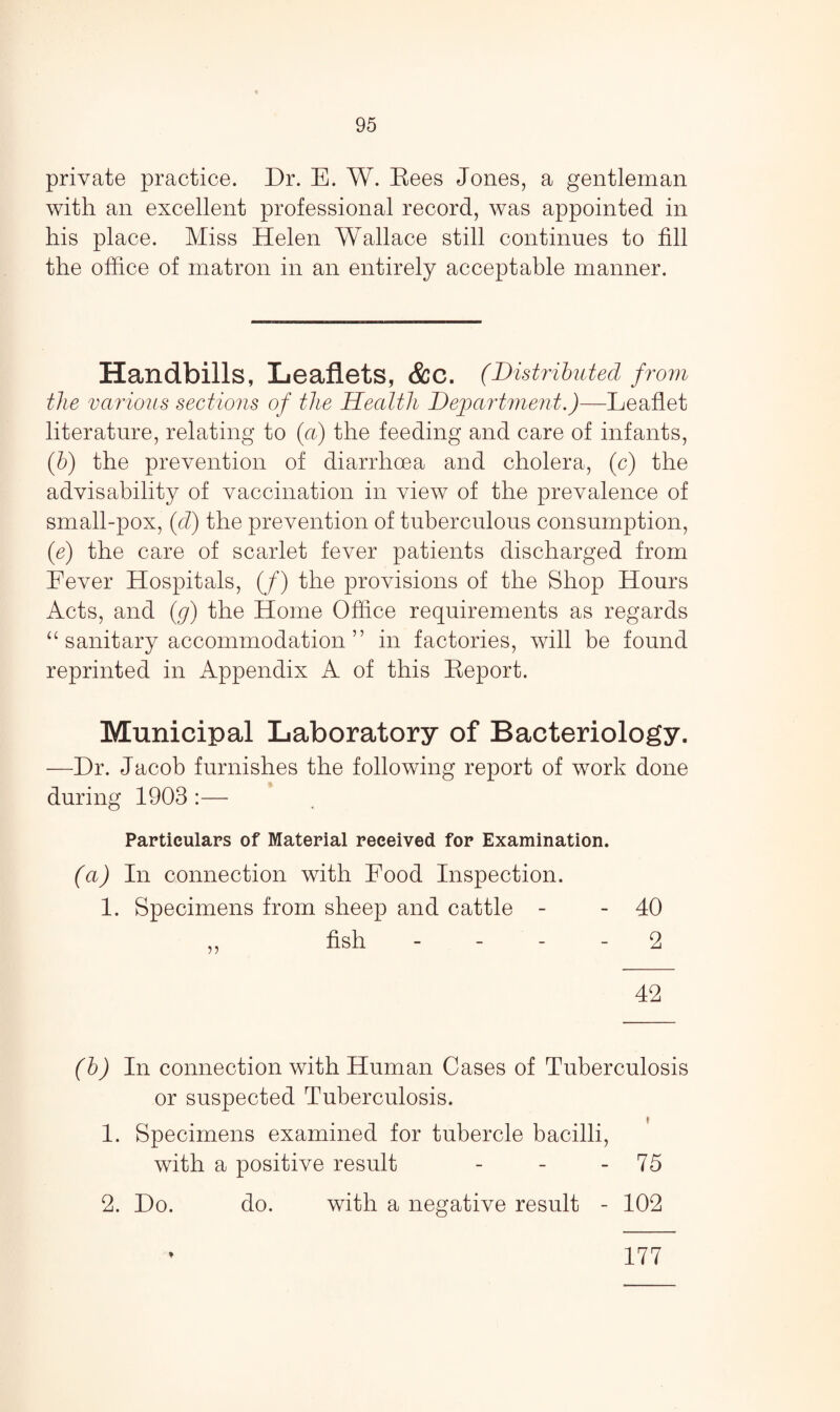 private practice. Dr. E. W. Rees Jones, a gentleman with an excellent professional record, was appointed in his place. Miss Helen Wallace still continues to fill the office of matron in an entirely acceptable manner. Handbills, Leaflets, &C. (Distributed from the various sections of the Health Department.)—Leaflet literature, relating to (a) the feeding and care of infants, (b) the prevention of diarrhoea and cholera, (c) the advisability of vaccination in view of the prevalence of small-pox, (cl) the prevention of tuberculous consumption, (e) the care of scarlet fever patients discharged from Fever Hospitals, (/) the provisions of the Shop Hours Acts, and (g) the Home Office requirements as regards “ sanitary accommodation ” in factories, will be found reprinted in Appendix A of this Report. Municipal Laboratory of Bacteriology. —Dr. Jacob furnishes the following report of work done during 1903 :— Particulars of Material received for Examination. (a) In connection with Food Inspection. 1. Specimens from sheep and cattle - - 40 ,, fish 2 42 (b) In connection with Human Cases of Tuberculosis or suspected Tuberculosis. 1. Specimens examined for tubercle bacilli, with a positive result - - - 75 2. Do. do. with a negative result - 102 177