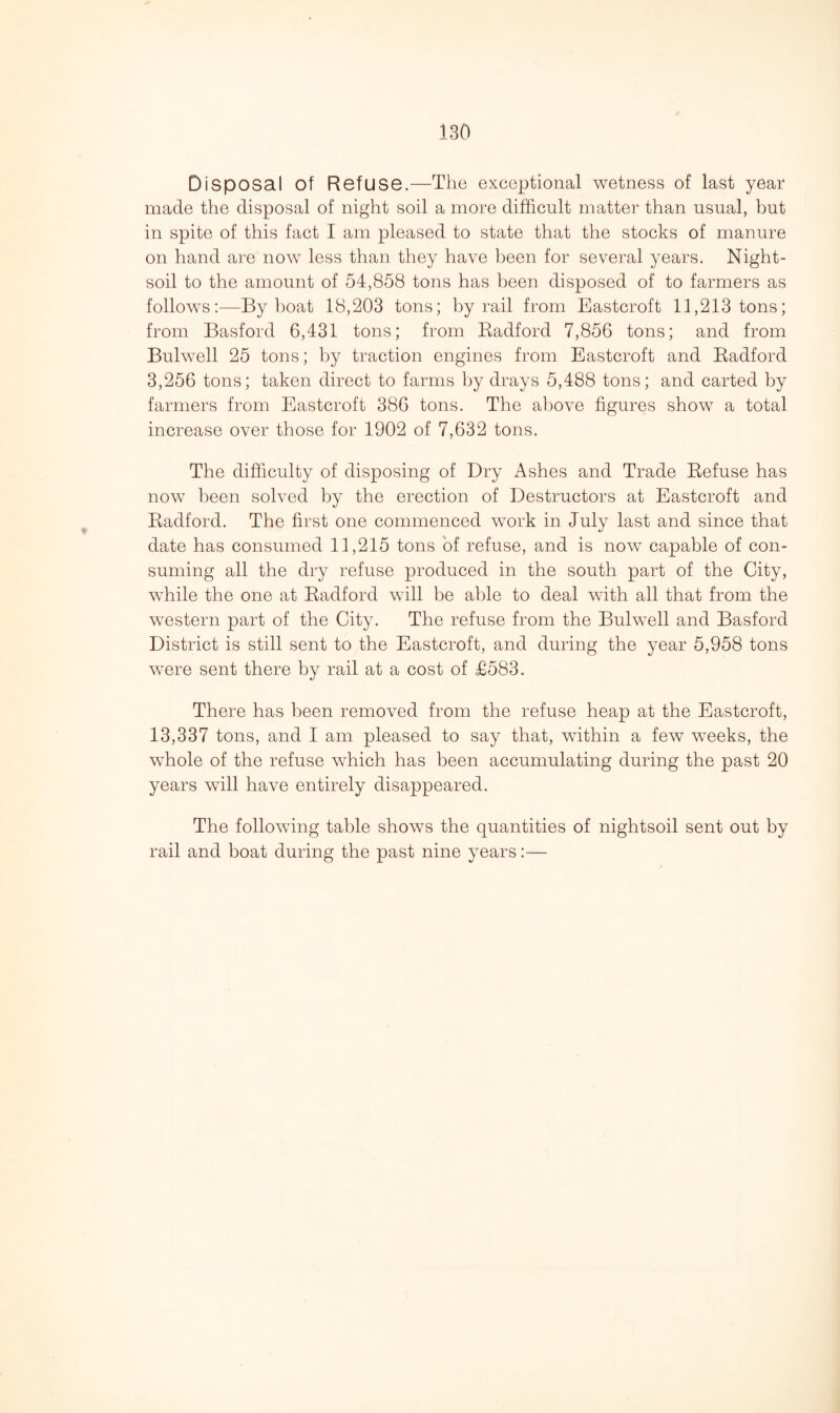 Disposal of Refuse.—The exceptional wetness of last year made the disposal of night soil a more difficult matter than usual, but in spite of this fact I am pleased to state that the stocks of manure on hand are now less than they have been for several years. Night- soil to the amount of 54,858 tons has been disposed of to farmers as follows:—By boat 18,203 tons; by rail from Eastcroft 11,213 tons; from Basford 6,431 tons; from Kadford 7,856 tons; and from Bulwell 25 tons; by traction engines from Eastcroft and Kadford 3,256 tons; taken direct to farms by drays 5,488 tons; and carted by farmers from Eastcroft 386 tons. The above figures show a total increase over those for 1902 of 7,632 tons. The difficulty of disposing of Dry Ashes and Trade Refuse has now been solved by the erection of Destructors at Eastcroft and Radford. The first one commenced work in July last and since that date has consumed 11,215 tons of refuse, and is now capable of con¬ suming all the dry refuse produced in the south part of the City, while the one at Radford will be able to deal with all that from the western part of the City. The refuse from the Bulwell and Basford District is still sent to the Eastcroft, and during the year 5,958 tons were sent there by rail at a cost of £583. There has been removed from the refuse heap at the Eastcroft, 13,337 tons, and I am pleased to say that, within a few weeks, the whole of the refuse which has been accumulating during the past 20 years will have entirely disappeared. The following table shows the quantities of nightsoil sent out by rail and boat during the past nine years:—