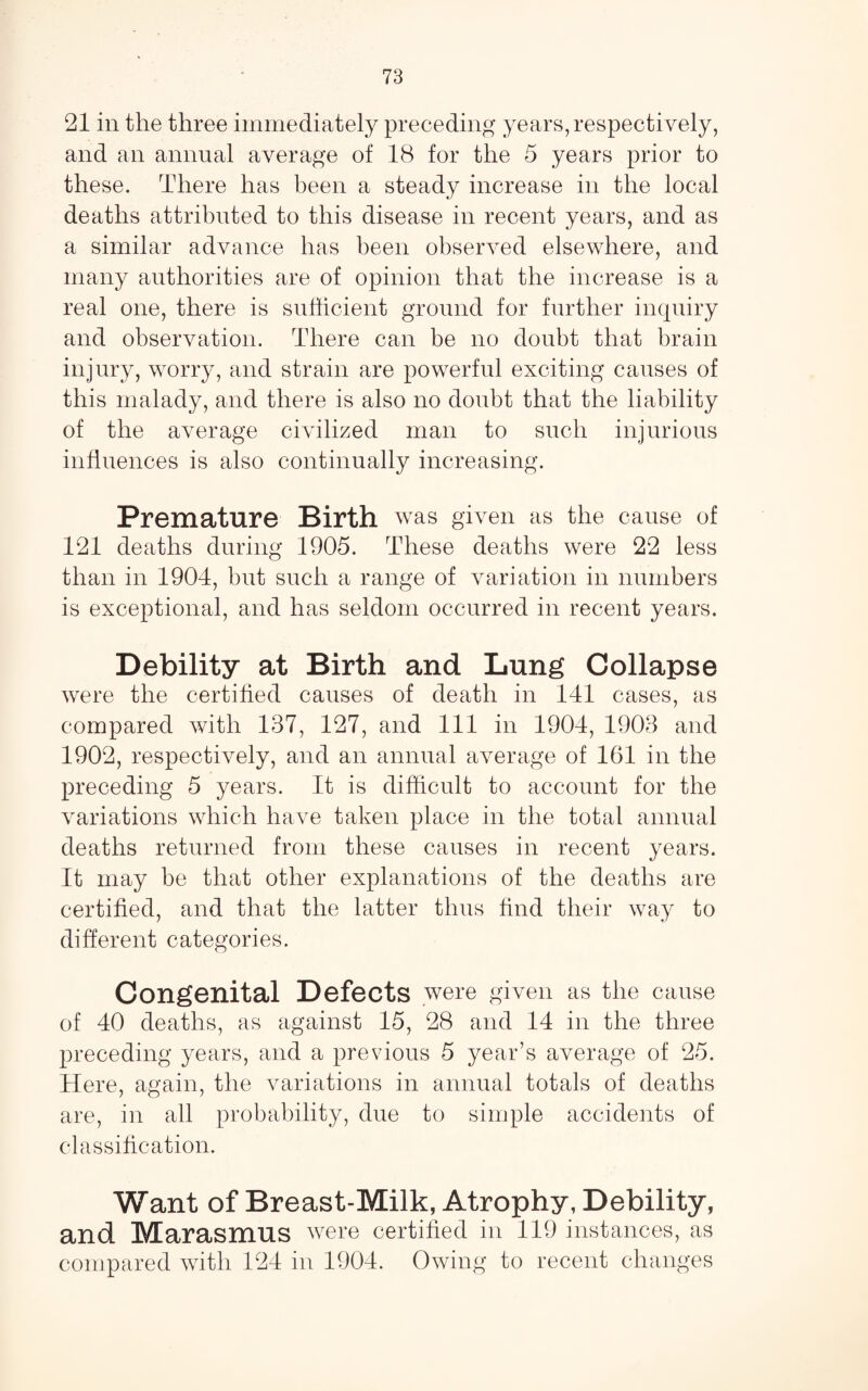 21 in the three immediately preceding years, respectively, and an annual average of 18 for the 5 years prior to these. There has been a steady increase in the local deaths attributed to this disease in recent years, and as a similar advance has been observed elsewhere, and many authorities are of opinion that the increase is a real one, there is suhicient ground for further inquiry and observation. There can be no doubt that brain injury, worry, and strain are powerful exciting causes of this malady, and there is also no doubt that the liability of the average civilized man to such injurious influences is also continually increasing. Premature Birth was given as the cause of 121 deaths during 1905. These deaths were 22 less than in 1904, but such a range of variation in numbers is exceptional, and has seldom occurred in recent years. Debility at Birth and Lung Collapse were the certified causes of death in 141 cases, as compared with 137, 127, and 111 in 1904, 1903 and 1902, respectively, and an annual average of 161 in the preceding 5 years. It is difficult to account for the variations which have taken place in the total annual deaths returned from these causes in recent years. It may be that other explanations of the deaths are certified, and that the latter thus find their way to different categories. Congenital Defects were given as the cause of 40 deaths, as against 15, 28 and 14 in the three preceding years, and a previous 5 year’s average of 25. Here, again, the variations in annual totals of deaths are, in all probability, due to simple accidents of classification. Want of Breast-Milk, Atrophy, Debility, and Marasmus were certified in 119 instances, as compared wuth 124 in 1904. Owing to recent changes