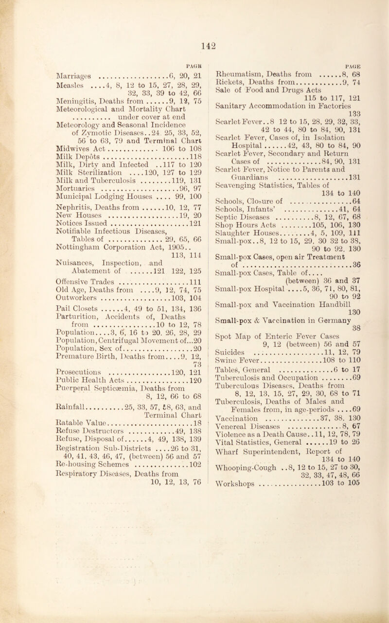 rAGii IMarriages .G, 20, 21 Measles _4, 8, 12 to 15, 27, 28, 29, 32, 33, 39 to 42, 6G INIeningitis, Deaths from.9, 12, 75 INIeteorological and INIortality Chart . under cover at end Meteorology and Seasonal Incidence of Zymotic Diseases. .24. 25, 33, 52, 5G to G3, 79 and Terminal Chart Midwives Act. lOG to 108 Milk Depots.118 Milk, Dirty and Infected ..117 to 120 ]\Iilk Sterilization ....120, 127 to 129 INIilk and Tuberculosis .119, 131 INIortuaries .96, 97 Municipal Lodging Houses .... 99, 100 Nephritis, Deaths from.10, 12, 77 New Houses .19, 20 Notices Issued.121 Notifiable Infectious Diseases, Tables of . 29, 65, 6G Nottingham Corporation Act, 1905.. 113, 114 Nuisances, Inspection, and Abatement of .121 122, 125 Offensive Trades .Ill Old Age, Deaths from ....9, 12, 74, 75 Outworkers.103, 104 Pail Closets.4, 49 to 51, 134, 13G Parturition, Accidents of. Deaths from .10 to 12, 78 Population_3, 6, 16 to 20. 2G, 28, 29 Po]3ulation, Centrifugal jMovement of...20 Population, Sex of.20 Premature Birth, Deaths from.. . .9, 12, 73 Prosecutions .120, 121 Public Health Acts.120 Puerperal Septicaemia, Deaths from 8, 12, 6G to 68 llainfall.25, 33, 57, 58, 63, and Terminal Chart Datable Value.18 Refuse Destructors .49, 138 Refuse, Disposal of.4, 49, 138, 139 Registration Sub-Districts ... .26 to 31, 40, 41. 43, 46, 47, (between) 56 and 57 Re-housing Schemes .102 Respiratory Diseases, Deaths from 10, 12, 13, 76 PAGE Rheumatism, Deaths from .8, 68 Rickets, Deaths from.9, 74 Sale of Food and Drugs Acts 115 to 117, 121 Sanitary Accommodation in Factories 133 Scarlet Fever. .8 12 to 15, 28, 29, 32, 33, 42 to 44, 80 to 84, 90, 131 Scarlet Fever, Cases of, in Isolation Hospital.42, 43, 80 to 84, 90 Scarlet Fever, Secondary and Return Cases of .84,90, 131 Scarlet Fever, Notice to Parents and Guardians .131 Scavenging Statistics, Tables of 134 to 140 Schools, Clo^ure of .64 Schools, Infants’ .41, 64 Septic Diseases .8, 12, 67, 68 Shop Hours Acts .105, 106, 130 Slaughter Houses.4, 5, 109, 111 Small-pox. .8. 12 to 15, 29. 30 32 to 38. 90 to 92. 130 Small-pox Cases, open air Treatment of .36 Small-pox Cases, Table of.. .. (between) 36 and 37 Small-pox Hospital ... .5, 36, 71, 80, 81, 90 to 92 Small-pox and Vaccination Handbill 130 Small-pox & Vaccination in Germany 38 Spot IMap of Enteric Fever Cases 9, 12 (between) 56 and 57 Suicides .11, 12, 79 Swine Fever.108 to 110 Tables, General .6 to 17 Tuberculosis and Oceux^ation.69 Tuberculous Diseases, Deaths from 8, 12, 13, 15, 27, 29, 30, 68 to 71 Tuberculosis, Deaths of Males and Females from, in age-x)eriods ... .69 Vaccination .37, 38. 130 Venereal Diseases .8, 67 Violence as a Death Cause. .11, 12, 78, 79 Vital Statistics, General.19 to 26 Wharf Sux)erintendent, Rejport of 134 to 140 Whoox)ing-Cough .. 8, 12 to 15, 27 to 30, 32, 33, 47, 48, 66 Workshops .103 to 105