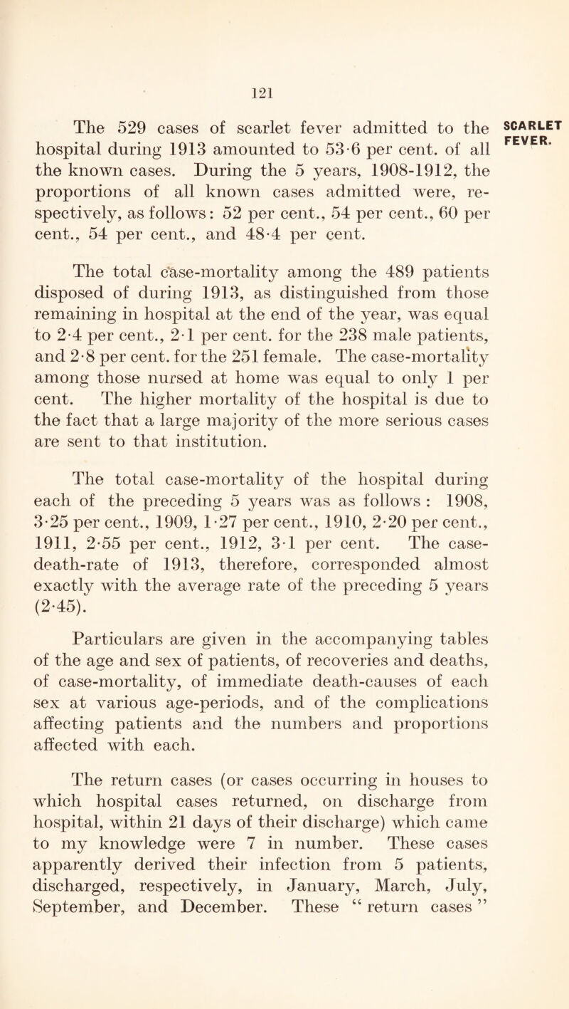 The 529 cases of scarlet fever admitted to the hospital during 1913 amounted to 53*6 per cent, of all the known cases. During the 5 years, 1908-1912, the proportions of all known cases admitted were, re¬ spectively, as follows: 52 per cent., 54 per cent., 60 per cent., 54 per cent., and 48-4 per cent. The total case-mortality among the 489 patients disposed of during 1913, as distinguished from those remaining in hospital at the end of the year, was equal to 2-4 per cent., 2-1 per cent, for the 238 male patients, and 2-8 per cent, for the 251 female. The case-mortality among those nursed at home was equal to only 1 per cent. The higher mortality of the hospital is due to the fact that a large majority of the more serious cases are sent to that institution. The total case-mortality of the hospital during each of the preceding 5 years was as follows : 1908, 3*25 per cent., 1909, 1*27 per cent., 1910, 2-20 per cent., 1911, 2-55 per cent., 1912, 3-1 per cent. The case- death-rate of 1913, therefore, corresponded almost exactly with the average rate of the preceding 5 years (2-45). Particulars are given in the accompanying tables of the age and sex of patients, of recoveries and deaths, of case-mortality, of immediate death-causes of each sex at various age-periods, and of the complications affecting patients and the numbers and proportions affected with each. The return cases (or cases occurring in houses to which hospital cases returned, on discharge from hospital, within 21 days of their discharge) which came to my knowledge were 7 in number. These cases apparently derived their infection from 5 patients, discharged, respectively, in January, March, July, September, and December. These 4 4 return cases ” SCARLET FEVER.