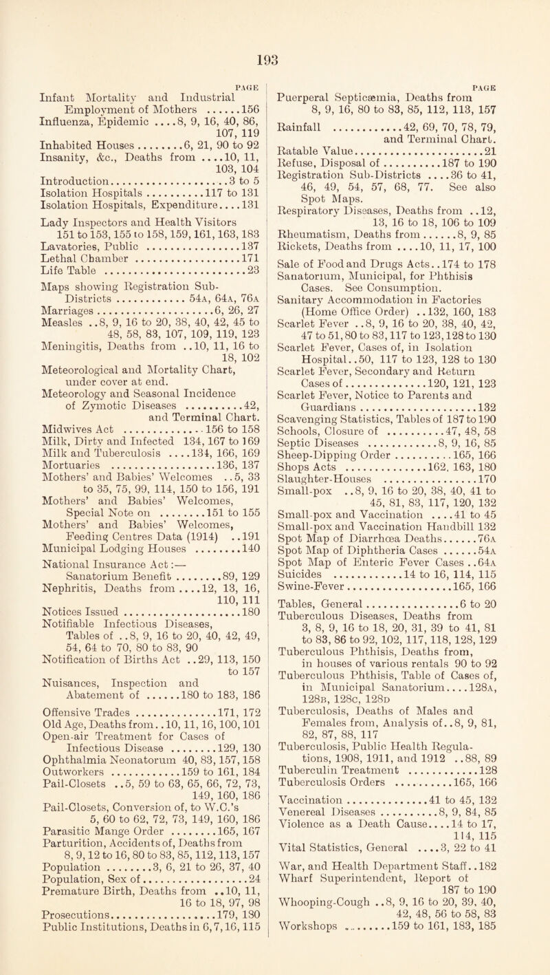PAGE Infant Mortality and Industrial Employment of Mothers .156 Influenza, Epidemic ... .8, 9, 16, 40, 86, 107, 119 Inhabited Houses.6, 21, 90 to 92 Insanity, &c., Deaths from ....10,11, 103, 104 Introduction.3 to 5 Isolation Hospitals.117 to 131 Isolation Hospitals, Expenditure... .131 Lady Inspectors and Health Visitors 151 to 153,155 to 158,159,161,163,183 Lavatories, Public .137 Lethal Chamber .171 Life Table .23 Maps showing Registration Sub- Districts .54a, 64a, 76a Marriages.6, 26, 27 Measles . .8, 9, 16 to 20, 38, 40, 42, 45 to 48, 58, 83, 107, 109, 119, 123 Meningitis, Deaths from ..10, 11, 16 to 18, 102 Meteorological and Mortality Chart, under cover at end. Meteorology and Seasonal Incidence of Zymotic Diseases .42, and Terminal Chart. Midwives Act .156 to 158 Milk, Dirty and Infected 134,167 to 169 Milk and Tuberculosis .. . .134, 166, 169 Mortuaries .136, 137 Mothers’ and Babies’ Welcomes ..5, 33 to 35, 75, 99, 114, 150 to 156, 191 Mothers’ and Babies’ Welcomes, Special Note on .151 to 155 Mothers’ and Babies’ Welcomes, Feeding Centres Data (1914) . .191 Municipal Lodging Houses .140 National Insurance Act:— Sanatorium Benefit.89, 129 Nephritis, Deaths from.... 12, 13, 16, 110, 111 Notices Issued.180 Notifiable Infectious Diseases, Tables of .. 8, 9, 16 to 20, 40, 42, 49, 54, 64 to 70, 80 to 83, 90 Notification of Births Act . .29, 113, 150 to 157 Nuisances, Inspection and Abatement of .180 to 183, 186 Offensive Trades.171, 172 Old Age, Deaths from.. 10,11,16,100,101 Open-air Treatment for Cases of Infectious Disease .129, 130 Ophthalmia Neonatorum 40, 83,157,158 Outworkers .159 to 161, 184 Pail-Closets . .5, 59 to 63, 65, 66, 72, 73, 149, 160, 186 Pail-Closets, Conversion of, to W.C.’s 5, 60 to 62, 72, 73, 149, 160, 186 Parasitic Mange Order .165, 167 Parturition, Accidents of, Deaths from 8, 9,12 to 16, 80 to 83, 85,112,113,157 Population.3, 6, 21 to 26, 37, 40 Population, Sex of.24 Premature Birth, Deaths from ..10, 11, 16 to 18, 97, 98 Prosecutions.179, 180 Public Institutions, Deaths in 6,7,16,115 PAGE Puerperal Septicaemia, Deaths from 8, 9, 16, 80 to 83, 85, 112, 113, 157 Rainfall .42,69,70,78,79, and Terminal Chart. Ratable Value.21 Refuse, Disposal of.187 to 190 Registration Sub-Districts ... .36 to 41, 46, 49, 54, 57, 68, 77. See also Spot Maps. Respiratory Diseases, Deaths from . .12, 13, 16 to 18, 106 to 109 Rheumatism, Deaths from.8, 9, 85 Rickets, Deaths from ... .10, 11, 17, 100 Sale of Food and Drugs Acts. .174 to 178 Sanatorium, Municipal, for Phthisis Cases. See Consumption. Sanitary Accommodation in Factories (Home Office Order) .. 132, 160, 183 Scarlet Fever . .8, 9, 16 to 20, 38, 40, 42, 47 to 51,80 to 83,117 to 123,128 to 130 Scarlet Fever, Cases of, in Isolation Hospital. .50, 117 to 123, 128 to 130 Scarlet Fever, Secondary and Return Cases of.120, 121, 123 Scarlet Fever, Notice to Parents and Guardians.132 Scavenging Statistics, Tables of 187 to 190 Schools, Closure of ..47, 48, 58 Septic Diseases .8, 9, 16, 85 Sheep-Dipping Order.165, 166 Shops Acts .162.163,180 Slaughter-Houses .170 Small-pox . .8, 9, 16 to 20, 38, 40, 41 to 45, 81, 83, 117, 120, 132 Small pox and Vaccination ... .41 to 45 Small-pox and Vaccination Haudbill 132 Spot Map of Diarrhoea Deaths.76a Spot Map of Diphtheria Cases.54a Spot Map of Enteric Fever Cases ..64a Suicides .14 to 16, 114, 115 Swine-Fever.165, 166 Tables, General.6 to 20 Tuberculous Diseases, Deaths from 3, 8, 9, 16 to 18, 20, 31, 39 to 41, 81 to 83, 86 to 92, 102, 117, 118, 128, 129 Tuberculous Phthisis, Deaths from, in houses of various rentals 90 to 92 Tuberculous Phthisis, Table of Cases of, in Municipal Sanatorium... .128a, 128b, 128c, 128d Tuberculosis, Deaths of Males and Females from, Analysis of..8, 9, 81, 82, 87, 88, 117 Tuberculosis, Public Health Regula¬ tions, 1908, 1911, and 1912 ..88, 89 Tuberculin Treatment .128 Tuberculosis Orders .165, 166 Vaccination.41 to 45, 132 Venereal Diseases.8, 9, 84, 85 Violence as a Death Cause.... 14 to 17, 114, 115 Vital Statistics, General .. ..3, 22 to 41 War, and Health Department Staff. .182 Wharf Superintendent, Report of 187 to 190 Whooping-Cough ..8, 9, 16 to 20, 39, 40, 42, 48, 56 to 58, 83 Workshops ..159 to 161, 183, 185