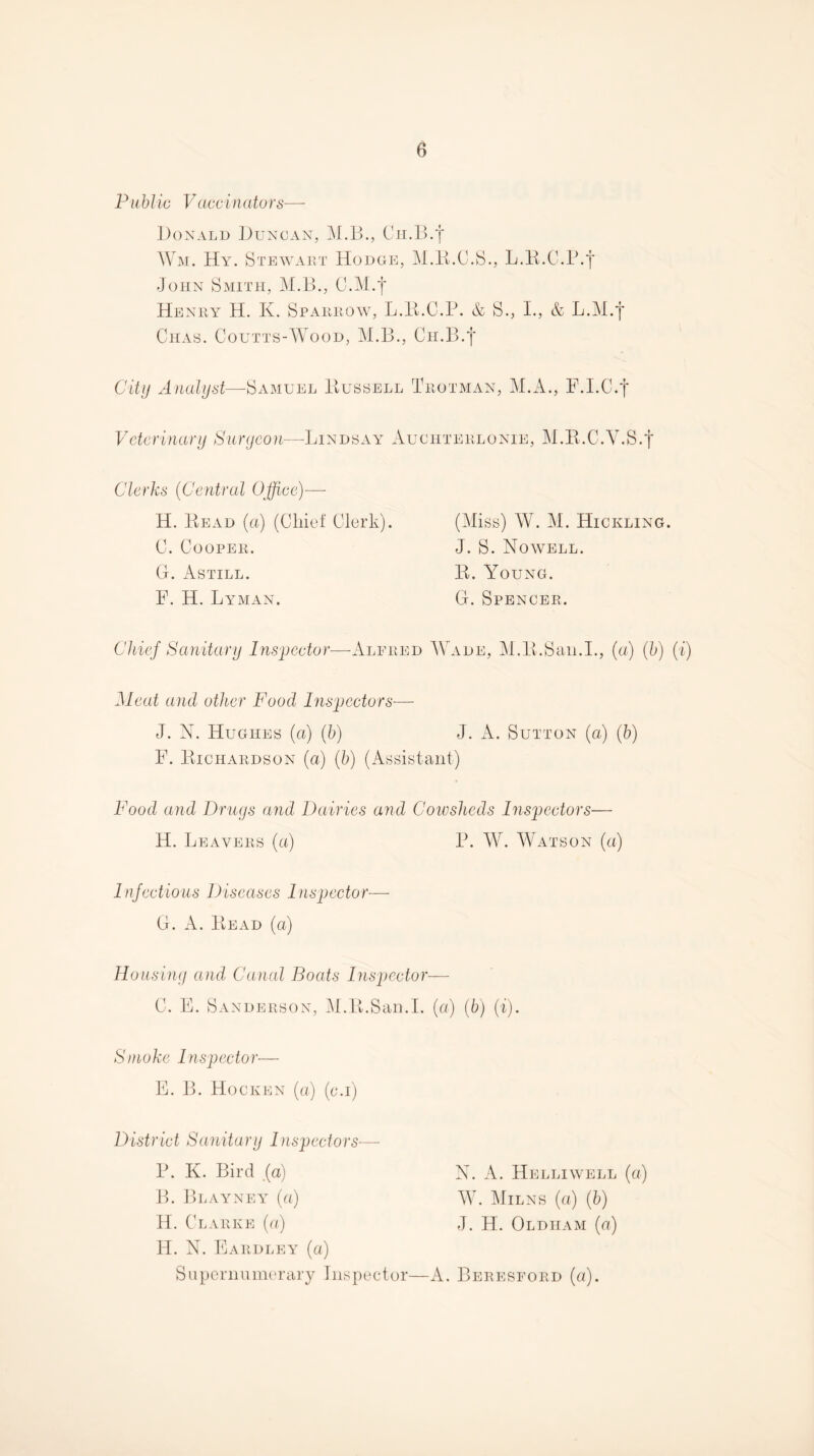 Public Vaccinators— Donald Duncan, iSLV., Cn.D.| Wm. Hy. IStewalt Hodge, M.li.C.S., L.li.C.D.y John Smith, M.B., C.M.y Henry H. K. Sparrow, L.B.C.P. & S., L, & L.M.f Chas. Coutts-Wood, H.B., Cii.B.f Citij Analyst—SaxMUel Bussell Trotman, M.xD, F.I.C/f Veto rinanj Su ryco n—Li n d say A U C H T E R L O NIE, ]\I. E. C. V. S. t Clerks {Central Office)— H. Bead (a) (Chief Clerk). C. Cooper. G. Astill. F. H. Lyman. (Miss) W. M. Hickling. J. S. Nowell. B. Young. G.Spencer. Chief Hanitanj Inspector—Alfred AVade, M.B-.Srh.I., {a) {h) (i) Meat and other Food Inspectors-—• J. A. Hughes (a) (b) J. A. Sutton (a) (b) F. Btchardson (a) {b) (Assistant) Food and Drugs and Dairies and Coivsheds Inspectors— H. Leavers (a) B. W. AAatson (a) Infectious Diseases Inspector— G. A. Bead (a) Honsi)ig and Ca)ial Boats Dispector— C. F. Sanderson, M.B.San.L (a) (6) (i). S moke 1 nspector— E. B. Hoc KEN (a) (c.i) N. A. Helliwell («) AAC AIilns (a) (b) J. H. Oldham {a) A. Beresford (a). District Sanitary Inspectors— B. K. Bird (a) B). Blayney {a) It. Clarke (a) H. N. Eardley (a) SupcrnunRH’ary Inspector—