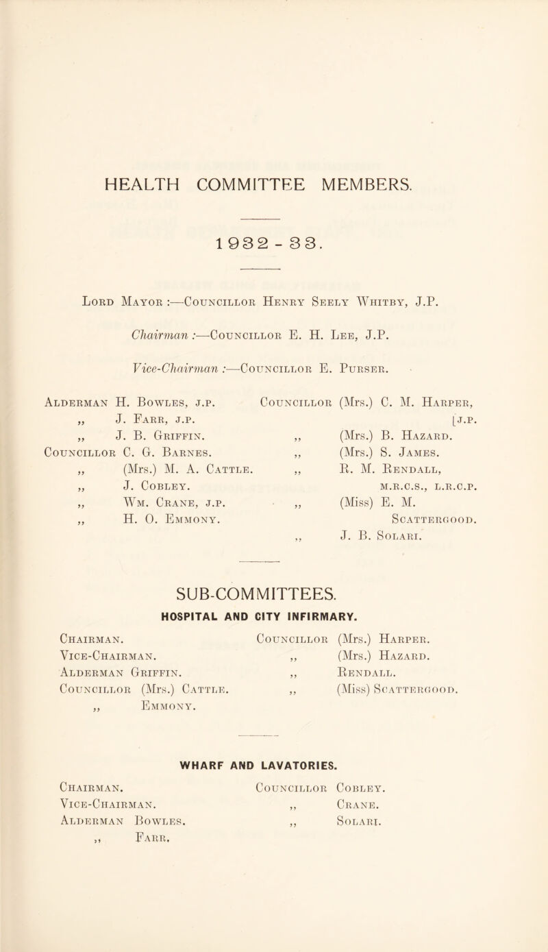HEALTH COMMITTEE MEMBERS. 1 932 - 33. Lord Mayor :—Councillor Henry Seely Whitby, J.P. Chairman /—Councillor E. H. Lee, J.P. Vice-Chairman :—Councillor E. Purser. Alderman H. Bowles, j.p. ,, J. Farr, j.p. „ J. B. Griffin. Councillor C. G. Barnes. ,, (Mrs.) M. A. Cattle. „ J. Cobley. „ Wm. Crane, j.p. ,, H. 0. Emmony. Councillor (Mrs.) C. M. Harper, [j.p. ,, (Mrs.) B. Hazard. „ (Mrs.) S. James. ,, B. M. Bendall, M.R.C.S., L.R.C.P. ,, (Miss) E. M. SCATTERGOOD. ,, J. B. SOLARI. SUB-COMMITTEES. HOSPITAL AND CITY INFIRMARY. Chairman. Vice-Chairman. Alderman Griffin. Councillor (Mrs.) Cattle. ,, Emmony. Councillor (Mrs.) Harper. ,, (Airs.) Hazard. ,, Bendall. ,, (Aliss) SCATTERGOOD. WHARF AND LAVATORIES. Chairman. Councillor Cobley Vice-Chairman. >> Crane. Alderman Bowles. Solari. „ Earr,