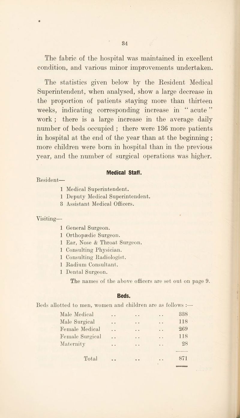 The fabric of the hospital was maintained in excellent condition, and various minor improvements undertaken. The statistics given below by the Resident Medical Superintendent, when analysed, show a large decrease in the proportion of patients staying more than thirteen weeks, indicating corresponding increase in “ acute ” work ; there is a large increase in the average daily number of beds occupied ; there were 136 more patients in hospital at the end of the year than at the beginning; more children were born in hospital than in the previous year, and the number of surgical operations was higher. Resident— Medical Staff. 1 Medical Superintendent. 1 Deputy Medical Superintendent. 8 Assistant Medical Officers. Visiting— 1 General Surgeon. 1 Orthopaedic Surgeon. 1 Ear, Nose & Throat Surgeon. 1 Consulting Physician. 1 Consulting Radiologist. 1 Radium Consultant. 1 Dental Surgeon. The names of the above officers are set out on page 9. Beds. Beds allotted to men, women and children are as follows :— Male Medical Male Surgical Female Medical Female Surgical Maternity 338 118 269 118 28 Total 871