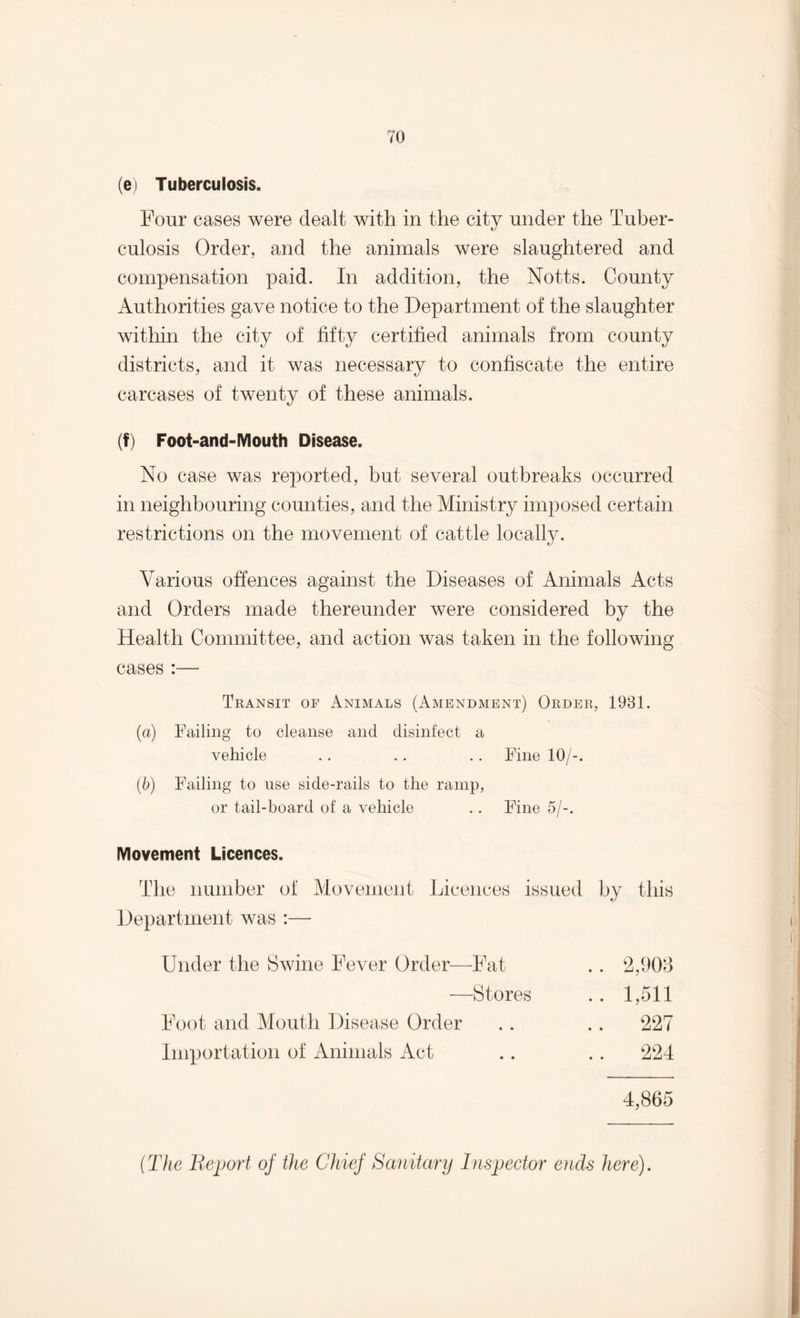 (e) Tuberculosis. Four cases were dealt with in the city under the Tuber¬ culosis Order, and the animals were slaughtered and compensation paid. In addition, the Notts. County Authorities gave notice to the Department of the slaughter within the city of fifty certified animals from county districts, and it was necessary to confiscate the entire carcases of twenty of these animals. (f) Foot-and-Mouth Disease. No case was reported, but several outbreaks occurred in neighbouring counties, and the Ministry imposed certain restrictions on the movement of cattle locally. Various offences against the Diseases of Animals Acts and Orders made thereunder were considered by the Health Committee, and action was taken in the following- cases :— Transit of Animals (Amendment) Order, 1931. (a) Failing to cleanse and disinfect a vehicle . . . . . . Fine 10/-. (b) Failing to use side-rails to the ramp, or tail-board of a vehicle .. Fine 5/-. Movement Licences. The number of Movement Licences issued by this Department was :— Under the Swine Fever Order—Fat . . 2,903 —Stores . . 1,511 Foot and Mouth Disease Order .. .. 227 Importation of Animals Act .. .. 224 4,865 (The Report of the Chief Sanitary Inspector ends here).