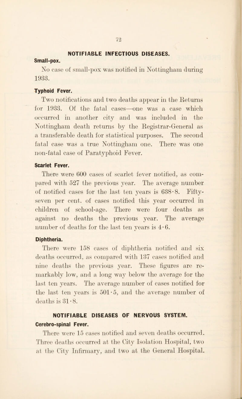 NOTIFIABLE INFECTIOUS DISEASES. Small-pox. No case of small-pox was notified in Nottingham during 1988. Typhoid Fever. Two notifications and two deaths appear in the Returns for 1938. Of the fatal cases—one was a case which occurred in another city and was included in the Nottingham death returns by the Registrar-General as a transferable death for statistical purposes. The second fatal case was a true Nottingham one. There was one non-fatal case of Paratyphoid Fever. Scarlet Fever. There were 600 cases of scarlet fever notified, as com¬ pared with 527 the previous year. The average number of notified cases for the last ten years is 638*8. Fifty- seven per cent, of cases notified this year occurred in children of school-age. There were four deaths as against no deaths the previous year. The average number of deaths for the last ten years is 4*6. Diphtheria. There were 158 cases of diphtheria notified and six deaths occurred, as compared with 137 cases notified and nine deaths the previous year. These figures are re¬ markably low, and a long way below the average for the last ten years. The average number of cases notified for the last ten years is 501*5, and the average number of deaths is 31 • 8. NOTIFIABLE DISEASES OF NERVOUS SYSTEM. Cerebro-spinal Fever. There were 15 cases notified and seven deaths occurred. Three deaths occurred at the City Isolation Hospital, two at the City Infirmary, and two at the General Hospital.