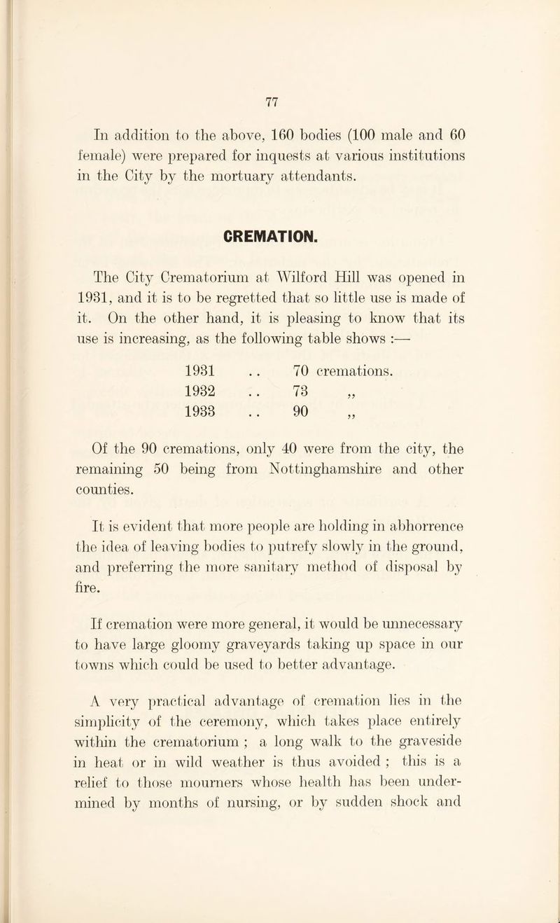 In addition to the above, 160 bodies (100 male and 60 female) were prepared for inquests at various institutions in the City by the mortuary attendants. CREMATION. The City Crematorium at Wilford Hill was opened in 1931, and it is to be regretted that so little use is made of it. On the other hand, it is pleasing to know that its use is increasing, as the following table shows :— 1931 .. 70 cremations. 1932 .. 73 1933 .. 90 Of the 90 cremations, only 40 were from the city, the remaining 50 being from Nottinghamshire and other counties. It is evident that more people are holding in abhorrence the idea of leaving bodies to putrefy slowly in the ground, and preferring the more sanitary method of disposal by fire. If cremation were more general, it would be unnecessary to have large gloomy graveyards taking up space in our towns which could be used to better advantage. A very practical advantage of cremation lies in the simplicity of the ceremony, which takes place entirely within the crematorium ; a long walk to the graveside in heat or in wild weather is thus avoided ; this is a relief to those mourners whose health has been under¬ mined by months of nursing, or by sudden shock and
