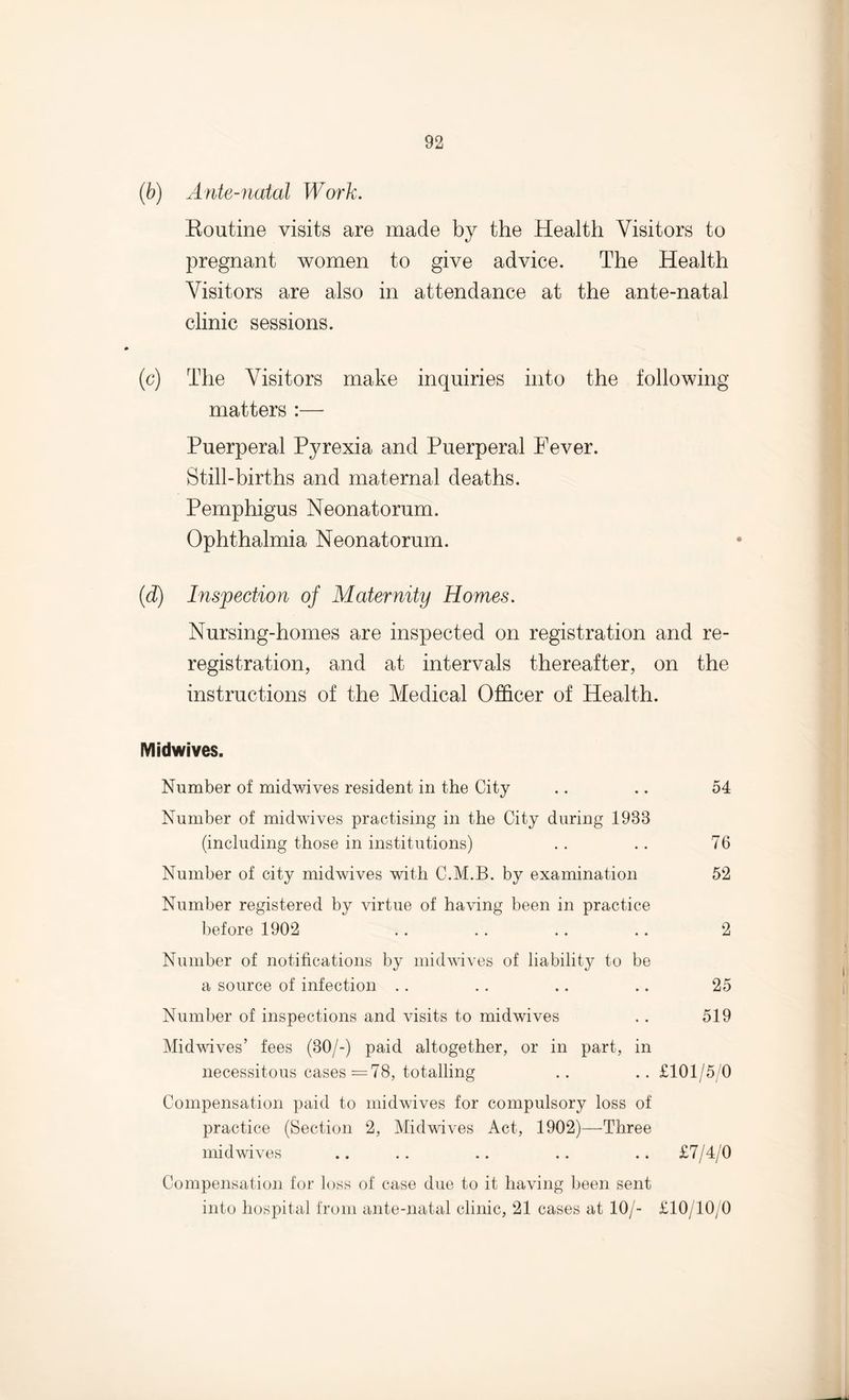 (b) Ante-natal Work. Routine visits are made by the Health Visitors to pregnant women to give advice. The Health Visitors are also in attendance at the ante-natal clinic sessions. (c) The Visitors make inquiries into the following matters :— Puerperal Pyrexia and Puerperal Fever. Still-births and maternal deaths. Pemphigus Neonatorum. Ophthalmia Neonatorum. (d) Inspection of Maternity Homes. Nursing-homes are inspected on registration and re¬ registration, and at intervals thereafter, on the instructions of the Medical Officer of Health. Midwives. Number of midwives resident in the City .. .. 54 Number of midwives practising in the City during 1933 (including those in institutions) . . .. 76 Number of city midwives with C.M.B. by examination 52 Number registered by virtue of having been in practice before 1902 .. .. .. .. 2 Number of notifications by mid wives of liability to be a source of infection .. .. .. .. 25 Number of inspections and visits to midwives . . 519 Midwives’ fees (30/-) paid altogether, or in part, in necessitous cases =78, totalling .. ..£101/5/0 Compensation paid to midwives for compulsory loss of practice (Section 2, Midwives Act, 1902)—Three midwives .. .. .. .. .. £7/4/0 Compensation for loss of case due to it having been sent into hospital from ante-natal clinic, 21 cases at 10/- £10/10/0