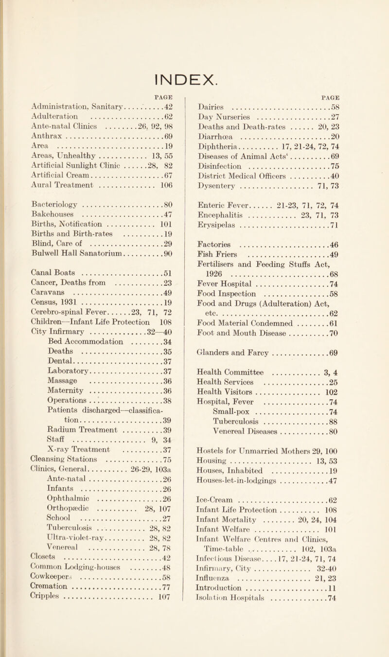 INDEX. PAGE Administration, Sanitary.42 Adulteration .62 Ante-natal Clinics .26, 92, 98 Anthrax.69 Area .19 Areas, Unhealthy. 13, 55 Artificial Sunlight Clinic.28, 82 Artificial Cream.67 Aural Treatment . 106 Bacteriology.80 Bakehouses .47 Births, Notification. 101 Births and Birth-rates .19 Blind, Care of .29 Bulwell Hall Sanatorium.90 Canal Boats .51 Cancer, Deaths from .23 Caravans .49 Census, 1931 .19 Cerebro-spinal Fever.23, 71, 72 Children—Infant Life Protection 108 City Infirmary .32—40 Bed Accommodation .34 Deaths .35 Dental.37 Laboratory...37 Massage .36 Maternity .36 Operations.38 Patients discharged—classifica¬ tion .39 Radium Treatment .39 Staff . 9, 34 X-ray Treatment .37 Cleansing Stations .75 Clinics, General. 26-29, 103a Ante-natal.26 Infants .26 Ophthalmic .26 Orthopaedic . 28, 107 School .27 Tuberculosis . . •... . . 28, 82 Ultra-violet-ray. 28, 82 Venereal .28, 78 Closets . 42 Common Lodging-houses .48 Cowkeepers . 58 Cremation.77 Cripples. 107 PAGE Dairies .58 Day Nurseries .27 Deaths and Death-rates .20, 23 Diarrhoea .20 Diphtheria. 17, 21-24, 72, 74 Diseases of Animal Acts4.69 Disinfection .75 District Medical Officers.40 Dysentery. 71, 73 Enteric Fever. 21-23, 71, 72, 74 Encephalitis . 23, 71, 73 Erysipelas.71 Factories .46 Fish Friers .49 Fertilisers and Feeding Stuffs Act, 1926 .68 Fever Hospital.74 Food Inspection .58 Food and Drugs (Adulteration) Act, etc.62 Food Material Condemned.61 Foot and Mouth Disease.70 Glanders and Farcy.69 Health Committee .3, 4 Health Services .25 Health Visitors. 102 Hospital, Fever .74 Small-pox .74 Tuberculosis .88 Venereal Diseases.80 Hostels for Unmarried Mothers 29, 100 Housing. 13, 53 Houses, Inhabited .19 Houses-let-in-lodgings.47 Ice-Cream .62 Infant Life Protection. 108 Infant Mortality .. 20, 24, 104 Infant Welfare. 101 Infant Welfare Centres and Clinics, Time-table v<-. 102, 103a Infectious Disease. ... 17, 21-24, 71, 74 Infirmary, City. 32-40 Influenza .21, 23 Introduction.11 Isolation Hospitals .74