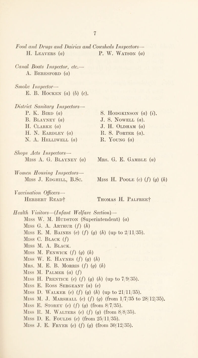 Food and Drugs and Dairies and Cowsheds Inspectors— H. Leavers (a) P. W. Watson (a) Canal Boats Inspector, etc.— A. Beresford (a) Smoke Inspector— E. B. Hocken (a) (b) (c). District Sanitary Inspectors—- P. K. Bird (a) B. Blayney (a) H. Clarke (a) H. N. Eardley (a) N. A. Helliwell (a) Shops Acts Inspectors— Miss A. G. Blayney {a) Women Housing Inspectors— Miss J. Edghill, B.Sc. Vaccination Officers— Herbert Read! S. Hodgkinson (a) (i). J. S. Nowell (a). J. H. Oldham (a) R. S. Porter (a). R. Young (a) Mrs. G. E. Gamble (a) Miss H. Poole (e) (/) (g) (h) Thomas H. PalfreeI* Health Visitors—(Infant Welfare Section)— Miss W. M. Hudston (Superintendent) (a) Miss G. A. Arthur (/) (h) Miss E. M. Baines (e) (/) (g) (h) (up to 2/11/35). Miss C. Black (/) Miss M. A. Black. Miss M. Fenwick (/) (g) (h) Miss W. E. Haynes (/) (g) (h) Mrs. M. E. B. Morris (/) (g) (h) Miss M. Palmer (a) (/) Miss IT. Prentice (e) (/) (g) (h) (up to 7/9/35). Miss E. Ross Sergeant (a) (e) Miss D. Walker (e) (/) (g) (h) (up to 21/11/35). Miss M. J. Marshall (e) (/) (g) (from 1/7/35 to 28/12/35). Miss E. Storey (e) (/) (g) (from 8/7/35). Miss R. M. Walters (e) (/) (g) (from 8/8/35). Miss E>. E. Foulds (e) (from 25/11/35). Miss J. E. Fryer (e) (/) (g) (from 30/12/35).