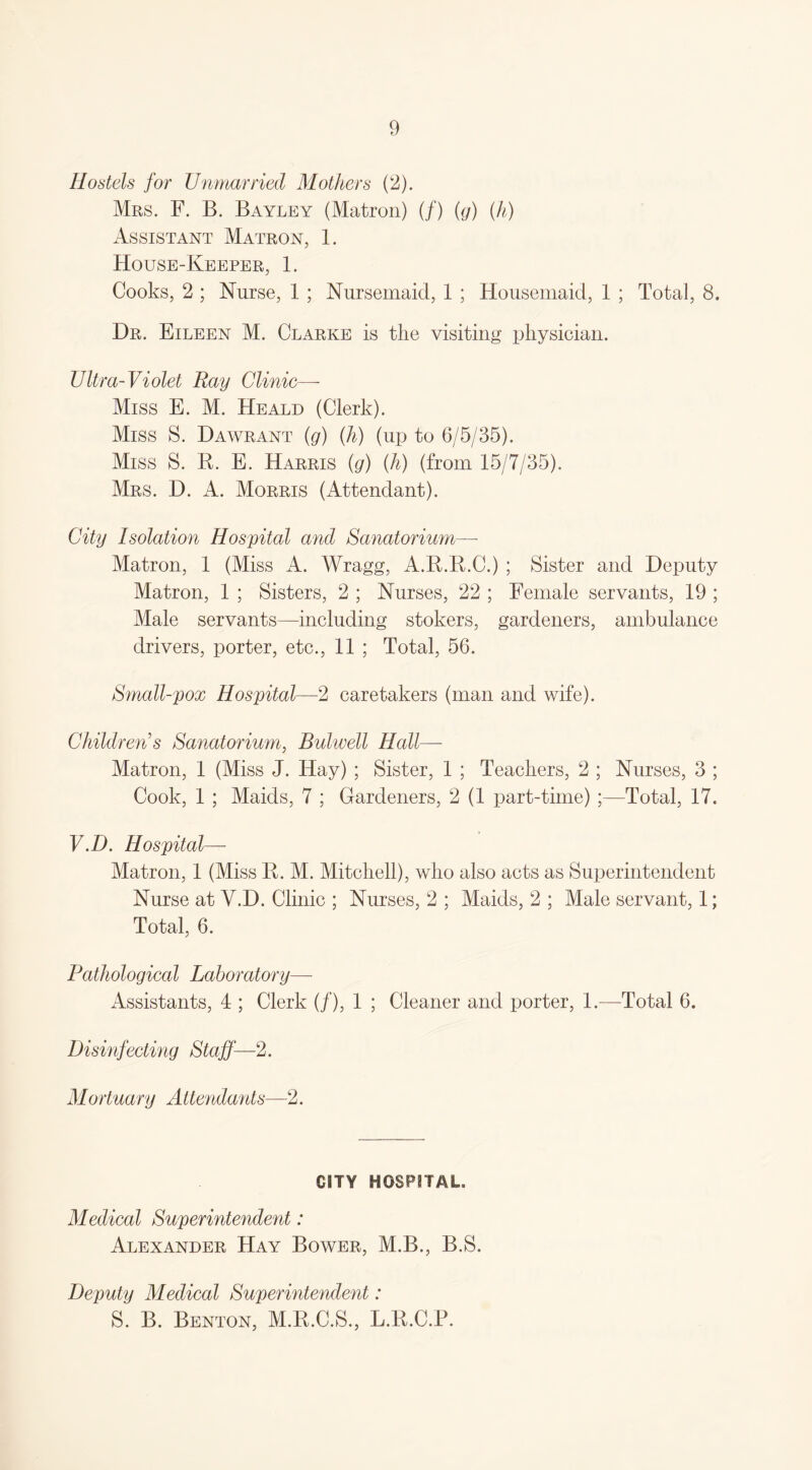 Hostels for Unmarried Mothers (2). Mrs. F. B. Bayley (Matron) (/) (g) (h) Assistant Matron, 1. House-Keeper, 1. Cooks, 2 ; Nurse, 1 ; Nursemaid, 1 ; Housemaid, 1 ; Total, 8. Dr. Eileen M. Clarke is the visiting physician. Ultra-Violet Ray Clinic— Miss E. M. Heald (Clerk). Miss S. Dawrant (g) (h) (up to 6/5/35). Miss S. B. E. Harris (g) (h) (from 15/7/35). Mrs. D. A. Morris (Attendant). City Isolation Hospital and Sanatorium— Matron, 1 (Miss A. Wragg, A.R.R.C.) ; Sister and Deputy Matron, 1 ; Sisters, 2 ; Nurses, 22 ; Female servants, 19 ; Male servants—including stokers, gardeners, ambulance drivers, porter, etc., 11 ; Total, 56. Small-pox Hospital—2 caretakers (man and wife). Children's Sanatorium, Bulwell Hall— Matron, 1 (Miss J. Hay) ; Sister, 1 ; Teachers, 2 ; Nurses, 3 ; Cook, 1 ; Maids, 7 ; Gardeners, 2 (1 part-time) ;—Total, 17. V.D. Hospital— Matron, 1 (Miss R. M. Mitchell), who also acts as Superintendent Nurse at Y.D. Clinic ; Nurses, 2 ; Maids, 2 ; Male servant, 1; Total, 6. Pathological Laboratory— Assistants, 4 ; Clerk (/), 1 ; Cleaner and porter, 1.—Total 6. Disinfecting Staff—2. Mortuary Attendants—2. CITY HOSPITAL, Medical Superintendent: Alexander Hay Bower, M.B., B.S. Deputy Medical Superintendent: S. B. Benton, M.R.C.S., L.R.C.P.