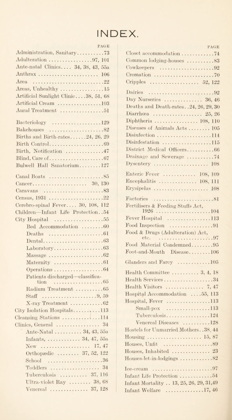 INDEX. PAGE Administration, Sanitary.73 Adulteration.97, 101 Ante-natal Clinics.... 34, 38, 43, 55a Anthrax. 106 Area .22 Areas, Unhealthy.15 Artificial Sunlight Clinic. .. .38, 51, 68 Artificial Cream .103 Aural Treatment .51 Bacteriology .129 Bakehouses .82 Births and Birth-rates.24, 26, 29 Birth Control.69 Birth, Notification .47 Blind, Care of.67 Bulwell Hall Sanatorium.127 Canal Boats .85 Cancer. 30, 130 Caravans .83 Census, 1931.22 Cerebro-spinal Fever. . . . 30, 108, 112 Children—Infant Life Protection. .54 City Hospital .55 Bed Accommodation .60 Deaths .61 Dental.63 Laboratory.63 Massage.62 Maternity .61 Operations.64 Patients discharged—classifica¬ tion .65 Radium Treatment.65 Staff .9,59 X-ray Treatment.62 City Isolation Hospitals.. ... 113 Cleansing Stations.I ... 114 Clinics, General . 34 Ante-Natal. 34, 43, 55a Infants,. 34, 47, 55a New . 17, 47 Orthopaedic . 37, 52, 122 School .36 Toddlers . 34 Tuberculosis . 37, 116 Ultra-violet Ray . 38, 68 Venereal . 37, 128 PAGE Closet accommodation.74 Common lodging-houses.83 Cowkeepers .92 Cremation . 70 Cripples . 52, 122 Dairies .92 Day Nurseries . 36, 46 Deaths and Death-rates. .24, 26, 29, 30 Diarrhoea . 25, 26 Diphtheria.108, 110 Diseases of Animals Acts.105 Disinfection.114 Disinfestation .115 District Medical Officers.66 Drainage and Sewerage.74 Dysentery . 108 Enteric Fever . 108, 109 Encephalitis . 108, 111 Erysipelas . 108 Factories .81 Fertilisers & Feeding Stuffs Act, 1926 .104 Fever Hospital .113 Food Inspection .91 Food & Drugs (Adulteration) Act, etc. 97 Food Material Condemned.95 Foot-and-Mouth Disease.106 Glanders and Farcy .105 Health Committee.3, 4, 18 Health Services.34 Health Visitors . 7, 47 Hospital Accommodation . . . .55, 113 Hospital, Fever .113 Small-pox .113 Tuberculosis.124 Venereal Diseases .128 Hostels for Unmarried Mothers. . 38, 44 Housing.15, 87 Houses, Unfit .89 Houses, Inhabited . 23 Houses-iet-in-lodgings.82 Ice-cream .97 Infant Life Protection.54 Infant Mortality . . 13, 25, 26, 29, 31,49 Infant Welfare .17, 46