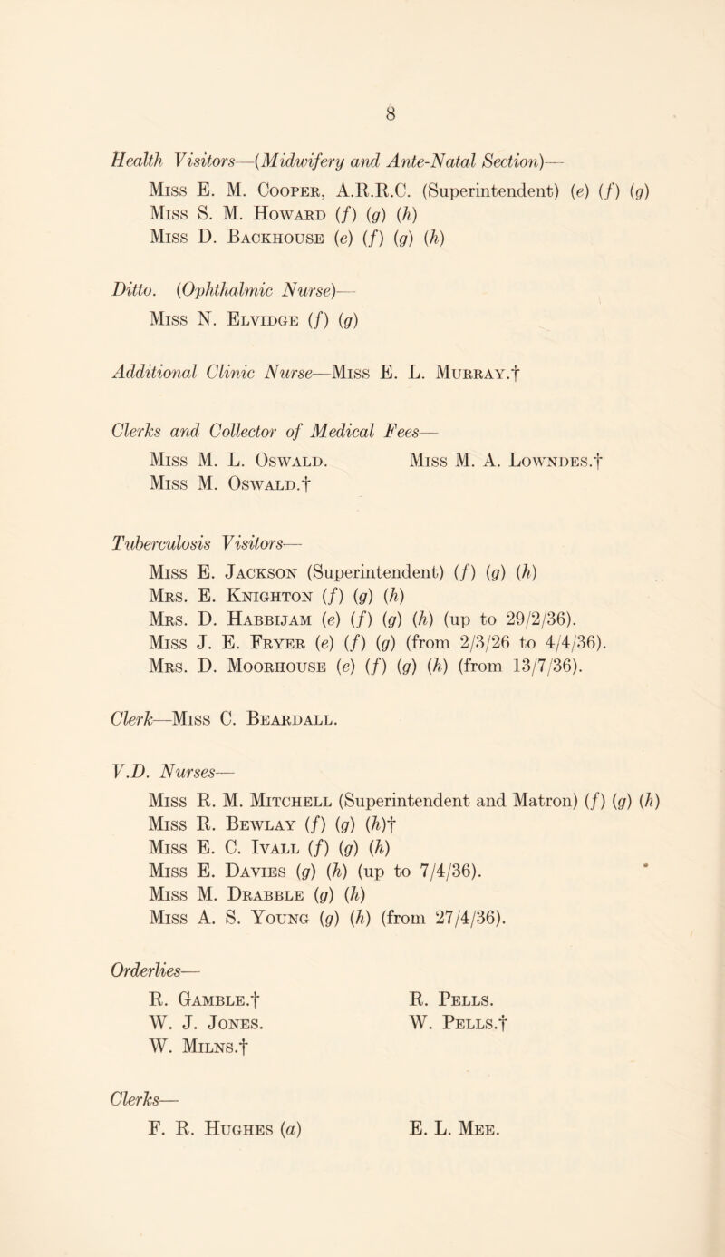 Health Visitors—(Midwifery and Ante-Natal Section)— Miss E. M. Cooper, A.R.R.C. (Superintendent) {e) (/) (g) Miss S. M. Howard (/) (g) (h) Miss D. Backhouse (e) (/) (g) (h) Ditto. (Ophthalmic Nurse)— Miss N. Elvidge (/) (g) Additional Clinic Nurse—Miss E. L. Murray.t Clerks and Collector of Medical Fees— Miss M. L. Oswald. Miss M. A. Lowndes.t Miss M. Oswald.f Tuberculosis Visitors— Miss E. Jackson (Superintendent) (/) (g) (h) Mrs. E. Knighton (/) (g) (h) Mrs. D. Habbijam (e) (/) (g) (h) (up to 29/2/36). Miss J. E. Fryer (e) (/) (g) (from 2/3/26 to 4/4/36). Mrs. D. Moorhouse (e) (/) (g) (h) (from 13/7/36). Clerk—Miss C. Beard all. V.D. Nurses— Miss R. M. Mitchell (Superintendent and Matron) (/) {g) (h) Miss R. Bewlay (/) (g) (h)t Miss E. C. Ivall (/) (g) (h) Miss E. Davies (g) (h) (up to 7/4/36). Miss M. Drabble {g) (h) Miss A. S. Young (g) (h) (from 27/4/36). Orderlies— R. Gamble.t R. Pells. W. J. Jones. W. Pells.J W. MlLNS.f Clerks— F. R. Hughes (a) E. L. Mee.