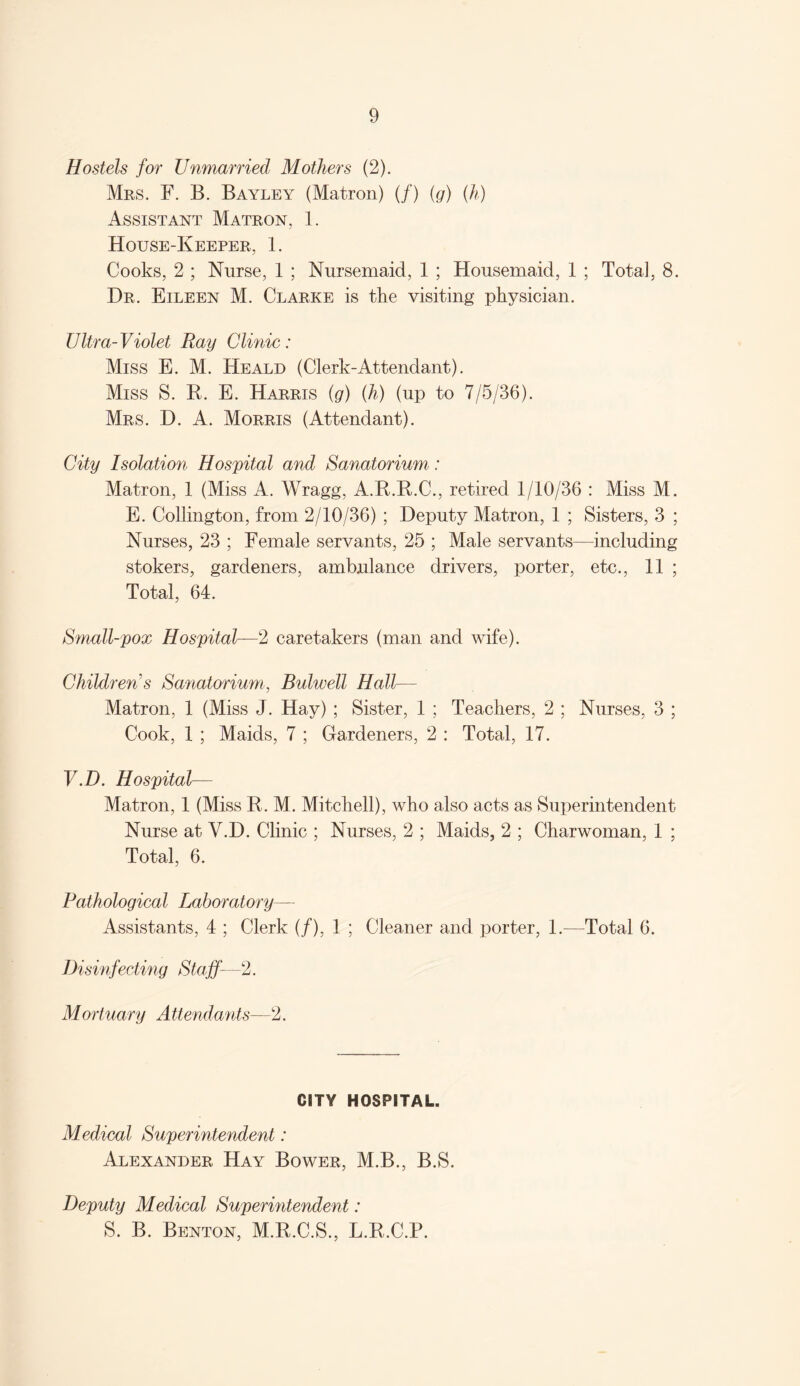 Hostels for Unmarried Mothers (2). Mrs. F. B. Bayley (Matron) (/) (g) (h) Assistant Matron, 1. House-Keeper, 1. Cooks, 2 ; Nurse, 1 ; Nursemaid, 1 ; Housemaid, 1 ; Total, 8. Dr. Eileen M. Clarke is the visiting physician. Ultra-Violet Ray Clinic: Miss E. M. Heald (Clerk-Attendant). Miss S. R. E. Harris (g) (h) (up to 7/5/36). Mrs. D. A. Morris (Attendant). City Isolation Hospital and Sanatorium,: Matron, 1 (Miss A. Wragg, A.R.R.C., retired 1/10/36 : Miss M. E. Collington, from 2/10/36) ; Deputy Matron, 1 ; Sisters, 3 ; Nurses, 23 ; Female servants, 25 ; Male servants—including stokers, gardeners, ambulance drivers, porter, etc., 11 ; Total, 64. Small-pox Hospital—2 caretakers (man and wife). Children s Sanatorium, Bulwell Hall— Matron, 1 (Miss J. Hay) ; Sister, 1 ; Teachers, 2 ; Nurses, 3 ; Cook, 1 ; Maids, 7 ; Gardeners, 2 : Total, 17. V.D. Hospital— Matron, 1 (Miss R. M. Mitchell), who also acts as Superintendent Nurse at V.D. Clinic ; Nurses, 2 ; Maids, 2 ; Charwoman, 1 ; Total, 6. Pathological Laboratory— Assistants, 4 ; Clerk (/), 1 ; Cleaner and porter, 1.—Total 6. Disinfecting Staff—2. Mortuary Attendants—2. CITY HOSPITAL. Medical Superintendent: Alexander Hay Bower, M.B., B.S. Deputy Medical Superintendent: S. B. Benton, M.R.C.S., L.R.C.P.