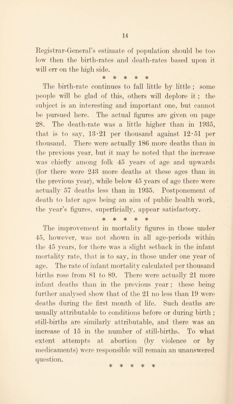 Registrar-General’s estimate of population should be too low then the birth-rates and death-rates based upon it will err on the high side. The birth-rate continues to fall little by little ; some people will be glad of this, others will deplore it; the subject is an interesting and important one, but cannot be pursued here. The actual figures are given on page 28. The death-rate was a little higher than in 1985, that is to say, 18*21 per thousand against 12*51 per thousand. There were actually 186 more deaths than in the previous year, but it may be noted that the increase was chiefly among folk 45 years of age and upwards (for there were 248 more deaths at these ages than in the previous year), while below 45 years of age there were actually 57 deaths less than in 1985. Postponement of death to later ages being an aim of public health work, the year’s figures, superficially, appear satisfactory. vL* M# vf> »T» rn The improvement in mortality figures in those under 45, however, was not shown in all age-periods within the 45 years, for there was a slight setback in the infant mortality rate, that is to say, in those under one year of age. The rate of infant mortality calculated per thousand births rose from 81 to 89. There were actually 21 more infant deaths than in the previous year ; these being further analysed show that of the 21 no less than 19 were deaths during the first month of life. Such deaths are usually attributable to conditions before or during birth ; still-births are similarly attributable, and there was an increase of 15 in the number of still-births. To what extent attempts at abortion (by violence or by medicaments) were responsible will remain an unanswered question. vL» vL* m