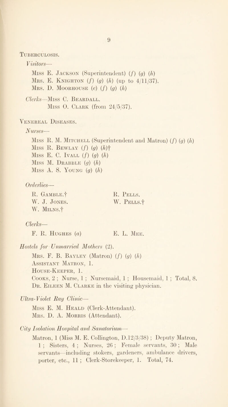 Tuberculosis. Visitors— Miss E. Jackson (Superintendent) (/) (g) (h) Mrs. E. Knighton (/) (g) (h) (up to 4/11/37). Mrs. D. Moorhouse (e) (/) (g) (h) Clerks—Miss C. Beard all. Miss 0. Clark (from 24/5/37). Venereal Diseases. Nurses— Miss 14. M. Mitchell (Superintendent and Matron) (/) (g) (h) Miss 14. Bewlay (/) (g) (h)f Miss E. C. Ivall (/) (g) (li) Miss M. Drabble (g) (h) Miss A. S. Young yg) (h) Orderlies— 14. Gamble.f 14. Pells. W. J. Jones. W. Pells.I* W. MlLNS.f Clerks— F. 14. Hughes (a) E. L. Mee. Hostels for Unmarried Mothers (2). Mrs. F. B. Bayley (Matron) (/) {g) (C) Assistant Matron, 1. House-Keeper, 1. Cooks, 2 ; Nurse, 1 ; Nursemaid, 1 ; Housemaid, 1 ; Total, 8. Dr. Eileen M. Clarke in the visiting physician. Ultra-Violet Ray Clinic— Miss E. M. Heald (Clerk-Attendant). Mrs. D. A. Morris (Attendant). City Isolation Hospital and Sanatorium— Matron, 1 (Miss M. E. Collington, D.12/3/38) ; Deputy Matron, 1 ; Sisters, 4 ; Nurses, 26 ; Female servants, 30 ; Male servants—including stokers, gardeners, ambulance drivers, porter, etc., 11 ; Clerk-Storekeeper, 1. Total, 74.
