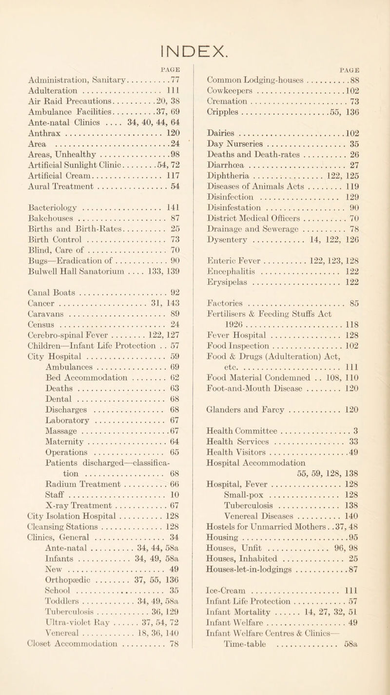 INDEX. PAGE Administration, Sanitary.77 Adulteration. Ill Air Raid Precautions.20, 38 Ambulance Facilities.37, 69 Ante-natal Clinics .... 34, 40, 44, 64 Anthrax.120 Area .24 Areas, Unhealthy.98 Artificial Sunlight Clinic.54, 72 Artificial Cream. 117 Aural Treatment.54 Bacteriology. 141 Bakehouses. 87 Births and Birth-Rates. 25 Birth Control . 73 Blind, Care of.70 Bugs—Eradication of.90 Bui well Hall Sanatorium .... 133, 139 Canal Boats.92 Cancer.31, 143 Caravans . 89 Census . 24 Cerebro-spinal Fever.122, 127 Children—Infant Life Protection . . 57 City Hospital. 59 Ambulances.69 Bed Accommodation.62 Deaths.63 Dental . 68 Discharges . 68 Laboratory . 67 Massage.67 Maternity.64 Operations . 65 Patients discharged—classifica¬ tion . 68 Radium Treatment.66 Staff. 10 X-ray Treatment.67 City Isolation Hospital.128 Cleansing Stations.128 Clinics, General . 34 Ante-natal. 34, 44, 58a Infants. 34, 49, 58a New . 49 Orthopaedic. 37, 55, 136 School . 35 Toddlers. 34, 49, 58a Tuberculosis.36, 129 Ultra-violet Ray. 37, 54, 72 Venereal.18, 36, 140 Closet Accommodation.78 PAGE Common Lodging-houses.88 Cowkeepers.102 Cremation.73 Cripples.55, 136 Dairies.102 Day Nurseries.35 Deaths and Death-rates.26 Diarrhoea.27 Diphtheria.122, 125 Diseases of Animals Acts.119 Disinfection . 129 Disinfestation. 90 District Medical Officers.70 Drainage and Sewerage.78 Dysentery . 14, 122, 126 Enteric Fever. 122, 123, 128 Encephalitis . 122 Erysipelas . 122 Factories . 85 Fertilisers & Feeding Stuffs Act 1926 . 118 Fever Hospital. 128 Food Inspection.102 Food & Drugs (Adulteration) Act, etc. Ill Food Material Condemned . . 108, 110 Foot-and-Mouth Disease.120 Glanders and Farcy.120 Health Committee.3 Health Services . 33 Health Visitors.49 Hospital Accommodation 55, 59, 128, 138 Hospital, Fever.128 Small-pox . 128 Tuberculosis . 138 Venereal Diseases.140 Hostels for Unmarried Mothers. . 37, 48 Housing.95 Houses, Unfit . 96, 98 Houses, Inhabited . 25 Houses-let-in-lodgings.87 Ice-Cream . Ill Infant Life Protection.57 Infant Mortality. 14, 27, 32, 51 Infant Welfare.49 Infant Welfare Centres & Clinics— Time-table . 58a