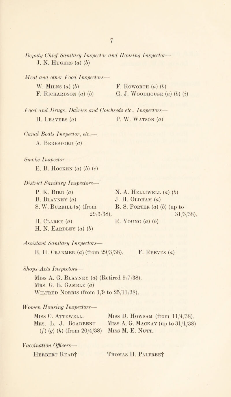 Deputy Chief Sanitary Impector and Housing Inspector— J. N. Hughes (a) (h) Meat and other Food Inspectors— W. Milns (a) {h) F. Koworth (a) (b) F. Richardson {a) {b) G. J. Woodhouse {a) (b) (i) Food and Drugs, Dairies and Cowhseds etc., Inspectors— H. Leavers (a) P. W. Watson {a) Canal Boats Inspector, etc.— A. Bereseord {a) Sni oke Inspector— E. B. Hocken (a) {b) (c) District Sanitary Inspectors— P. K. Bird (a) B. Blayney (a) S. W. Burrill (a) (from 29/3/38). H. Clarke {a) H. N. Eardley {a) (b) Assistant Sanitary Inspectors— E. H. Cranmer (a) (from 29/3/38). F. Reeves (a) Shops Acts Inspectors— Miss A. G. Blayney {a) (Retired 9/7/38). Mrs. G. E. Gamble {a) Wilfred Norris (from 1/9 to 25/11/38). Women Housing Inspectors— Miss C. Attewell. Miss D. Howsam (from 11/4/38). Mrs. L. j. Boadbent Miss A. G. Mackay (up to 31/1/38) (/) {q) W (from 20/4/38) Miss M. E. Nutt. N. A. Helliwell {a) (6) J. H. Oldham (a) R. S. Porter (a) {b) (up to 31/3/38). R. Young (a) (6) Vaccination Officers— Herbert REAuf Thomas H. PALFREEf