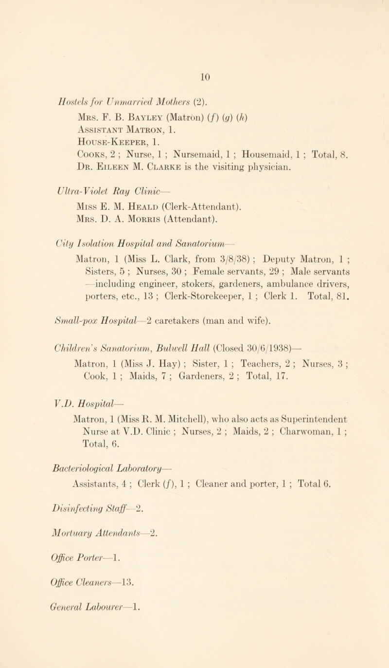 Hodeh for Unmarried Mothers (2). Mrs. F. B. Bayley (Matron) (/) ((/) (h) Assistant Matron, 1. House-Keeper, 1. Cooks, 2 ; Nurse, 1 ; Nursemaid, 1 ; Housemaid, 1 ; Total, 8. Dr. Eileen M. Clarke is the visiting physician. Ultra-Violet Ray Clinic— Miss E. M. Heald (Clerk-Attendant). Mrs. D. a. Morris (Attendant). City Isolation Hospital and Sanatorium— Matron, 1 (Miss L. Clark, from 3/8/38) ; Deputy Matron, 1 ; Sisters, 5 ; Nurses, 30 ; Female servants, 29 ; Male servants —including engineer, stokers, gardeners, ambulance drivers, porters, etc., 13 ; Clerk-Storekeeper, 1 ; Clerk 1. Total, 81. Small-pox Hospital—2 caretakers (man and wife). Children s Sanatorium, Bulwell Hall (Closed 30/6/1938)— Matron, 1 (Miss J. Hay) ; Sister, 1 ; Teachers, 2 ; Nurses, 3 ; Cook, 1 ; Maids, 7 ; Gardeners, 2 ; Total, 17. V.D. Hospital— Matron, 1 (Miss K. M. Mitchell), who also acts as Superintendent Nurse at V.D. Clinic ; Nurses, 2 ; Maids, 2 ; Charwoman, 1 ; Total, 6. Bacteriological Laboratory—■ Assistants, 4 ; Clerk (/), 1 ; Cleaner and porter, 1 ; Total 6. Disinfecting Staff—2. Mortuary Attendants—2. Office Porter—1. Office Cleaners—13. General Labourer—1.