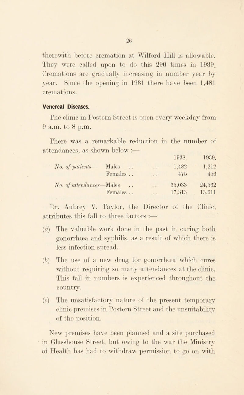 therewith before cremation at Wilford Hill is allowable. They were called upon to do this 290 times in 1939. Cremations are gradually increasing in number year by year. Since the opening in 1931 there have been 1,481 cremations. Venereal Diseases. The clinic in Postern Street is open every weekday from 9 a.m. to 8 p.m. There was a remarkable reduction in the number of attendances, as shown below :— 1938. 1939. No. of patients— Males Females . . 1,482 475 1,212 456 No. of attendances- — Males Females . . 35,033 17,313 24,562 13,611 Hr. Aubrey Y. Taylor, the Director of the Clinic, attributes this fall to three factors :— (a) The valuable work done in the past in curing both gonorrhoea and syphilis, as a result of which there is less infection spread. (b) The use of a new drug for gonorrhoea which cures without requiring so many attendances at the clinic. This fall in numbers is experienced throughout the country. (c) The unsatisfactory nature of the present temporary clinic premises in Postern Street and the unsuitability of the position. New premises have been planned and a site purchased in Glasshouse Street, but owing to the war the Ministry of Health has had to withdraw permission to go on with
