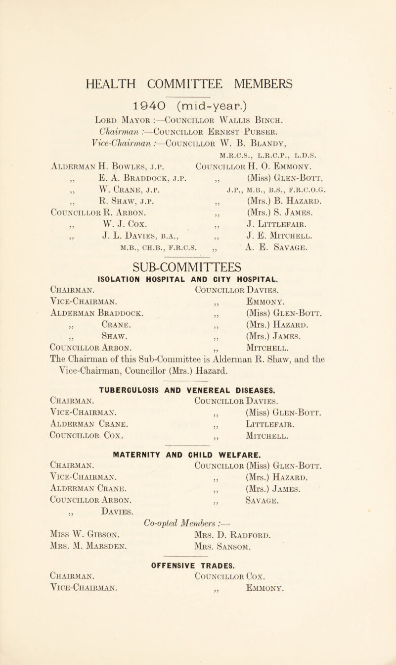 HEALTH COMMITTEE MEMBERS 1940 (mid-year.) Lord Mayor :—Councillor Wallis Binch. Chairman :—Councillor Ernest Purser. Vice-Chairman :—Councillor W. B. Blandy, Alderman H. Bowles, j.p. ,, E. A. Braddock, j.p. ,, W. Crane, j.p. ,, B. Shaw, j.p. Councillor R. Arbon. ,, W. J. Cox. ,, J. L. Davies, b.a., M.B., CH.B., F.R.C.S. M.R.C.S., L.R.C.P., L.D.S. Councillor H. 0. Emmony. (Miss) Glen-Bott, J.P., M.B., B.S., F.R.C.O.GL (Mrs.) B. Hazard. (Mrs.) S. James. J. Littlefair. J. E. Mitchell. A. E. Savage. SUB-COMMITTEES ISOLATION HOSPITAL AND CITY HOSPITAL. Chairman. Councillor Davies. Vice-Chairman. 55 Emmony. Alderman Braddock. 55 (Miss) Glen-Bott. ,, Crane. 5 5 (Mrs.) Hazard. ,, Shaw. 5 5 (Mrs.) James. Councillor Arbon. 55 Mitchell. The Chairman of this Sub-Committee is Alderman R. Shaw, and the Vice-Chairman, Councillor (Mrs.) Hazard. TUBERCULOSIS AND VENEREAL DISEASES. Chairman. Vice-Chairman. Alderman Crane. Councillor Cox. Councillor Davies. ,, (Miss) Glen-Bott. ,, Littlefair. ,, Mitchell. MATERNITY AND CHILD WELFARE. Chairman. Vice-Chairman. Alderman Crane. Councillor Arbon. ,, Davies. Councillor (Miss) Glen-Bott. ,, (Mrs.) Hazard. ,, (Mrs.) James. ,, Savage. Co-opted Members:— Miss W. Gibson. Mrs. D. Radford. Mrs. M. Marsden. Mrs. Sansom. Chairman. Vice-Chairman. OFFENSIVE TRADES. Councillor Cox. ,, Emmony.