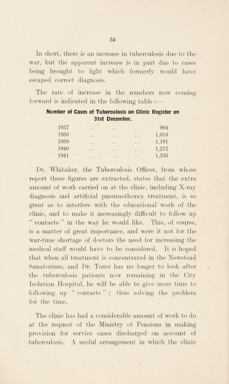 In short, there is an increase in tuberculosis due to the war, but the apparent increase is in part due to cases being brought to light which formerly would have escaped correct diagnosis. The rate of increase in the numbers now coming forward is indicated in the following table Number of Cases of Tuberculosis on Clinic Register on 31st December. 1937 • • • • • • 904 1938 • . • • • . 1,014 1939 • • • • • • 1,191 1940 • • • . , , 1,212 1941 • • ] ,336 I)r. Whitaker, the Tuberculosis Officer, from whose report these figures are extracted, states that the extra amount of work carried on at the clinic, including X-ray diagnosis and artificial pneumothorax treatment, is so great as to interfere with the educational work of the clinic, and to make it increasingly difficult to follow up “ contacts ” in the way he would like. This, of course, is a matter of great importance, and were it not for the war-time shortage of doctors the need for increasing the medical staff would have to be considered. It is hoped that when all treatment is concentrated in the Newstead Sanatorium, and Dr. Tozer has no longer to look after the tuberculosis patients now remaining in the City Isolation Hospital, he will be able to give more time to following up “ contacts ” ; thus solving the problem for the time. The clinic has had a considerable amount of work to do at the request of the Ministry of Pensions in making provision for service cases discharged on account of tuberculosis, A useful arrangement in which the clinic