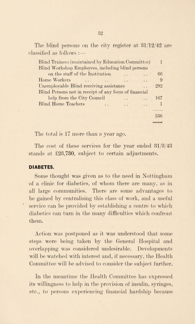 The blind persons on the city register at 31/12/42 are classified as follows :— Blind Trainees (maintained by Education Committee) 1 Blind Workshop Employees, including blind persons on the staff of the Institution . . . . ' 66 Home Workers . . . . .. . . 9 Unemployable Blind receiving assistance . . 292 Blind Persons not in receipt of any form of financial help from the City Council . . . . 167 Blind Home Teachers . . . . . . 1 536 The total is 17 more than a year ago. The cost of these services for the year ended 31/3/43 stands at £23,730, subject to certain adjustments. DIABETES. Some thought was given as to the need in Nottingham of a clinic for diabetics, of whom there are many, as in all large communities. There are some advantages to be gained by centralising this class of work, and a useful service can be provided by establishing a centre to which diabetics can turn in the many difficulties which confront them. Action was postponed as it was understood that some steps were being taken by the General Hospital and overlapping was considered undesirable. Developments will be watched with interest and, if necessary, the Health Committee will be advised to consider the subject further. In the meantime the Health Committee has expressed its willingness to help in the provision of insulin, syringes, etc., to persons experiencing financial hardship because