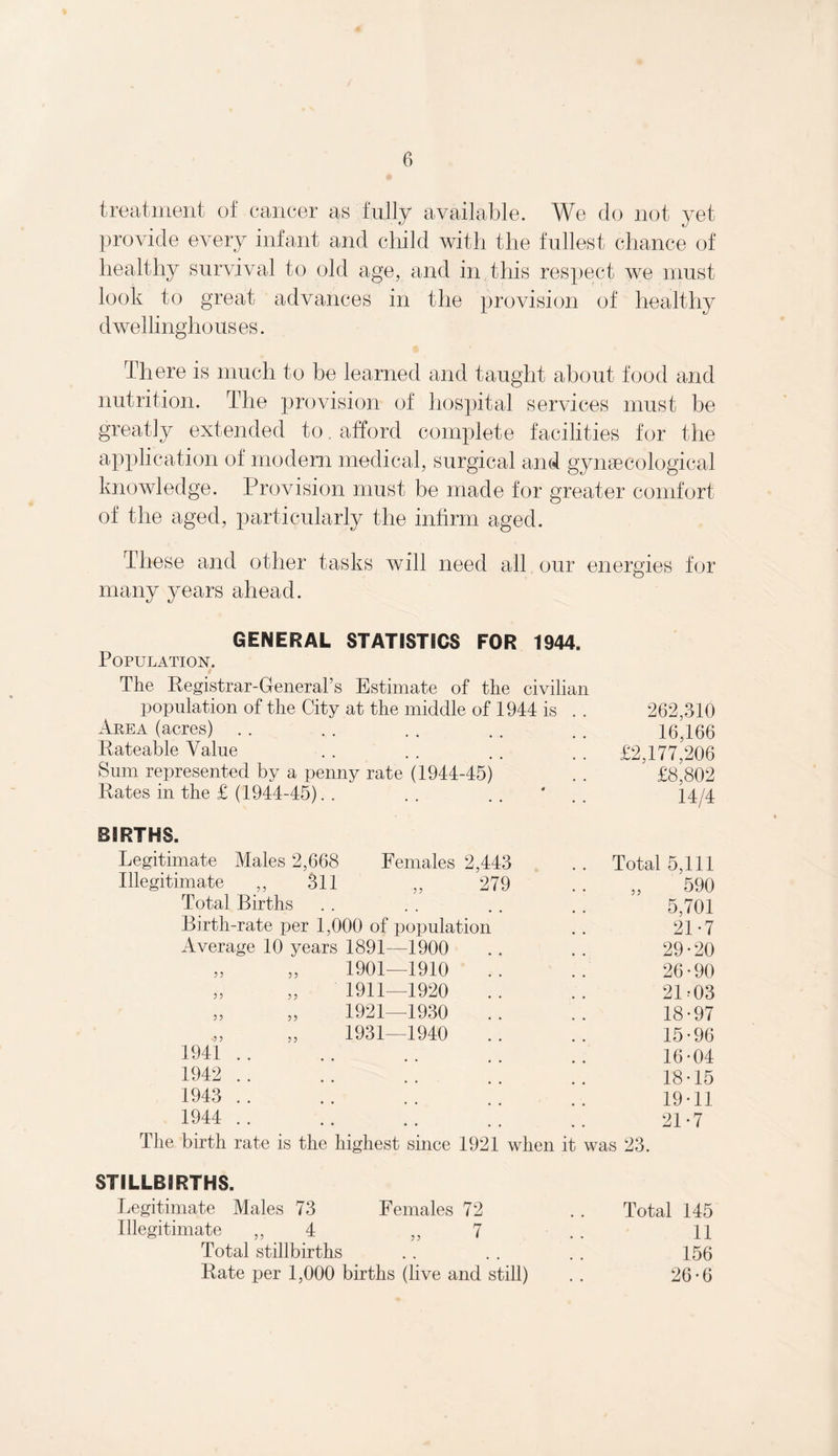 treatment of cancer as fully available. We do not yet provide every infant and child with the fullest chance of healthy survival to old age, and in this respect we must look to great advances in the provision of healthy dwellinghouses. There is much to be learned and taught about food and nutrition. The provision of hospital services must be greatly extended to. afford complete facilities for the application of modern medical, surgical and gynaecological knowledge. Provision must be made for greater comfort of the aged, particularly the infirm aged. These and other tasks will need all our energies for many years ahead. GENERAL STATISTICS FOR 1944. Population. The Registrar-General’s Estimate of the civilian population of the City at the middle of 1944 is . 262,310 Area (acres) 16,166 Rateable Value . £2,177,206 Sum represented by a penny rate (1944-45) £8,802 Rates in the £ (1944-45). . .. .. ' 14/4 BIRTHS. Legitimate Males 2,668 Females 2,443 Total 5,111 Illegitimate ,, 311 „ 279 590 Total Births 5,701 Birth-rate per 1,000 of population 21-7 Average 10 years 1891—1900 29*20 „ „ 1901—1910 26*90 „ „ 1911—1920 21 M3 „ „ 1921—1930 18*97 „ „ 1931—1940 15*96 1941 .. 16*04 1942 .. 18*15 1943 19*11 1944 . 21*7 The birth rate is the highest since 1921 when it was 23. STILLBIRTHS. Legitimate Males 73 Females 72 Total 145 Illegitimate ,, 4 ,, 7 11 Total stillbirths 156 Rate per 1,000 births (live and still) 26*6