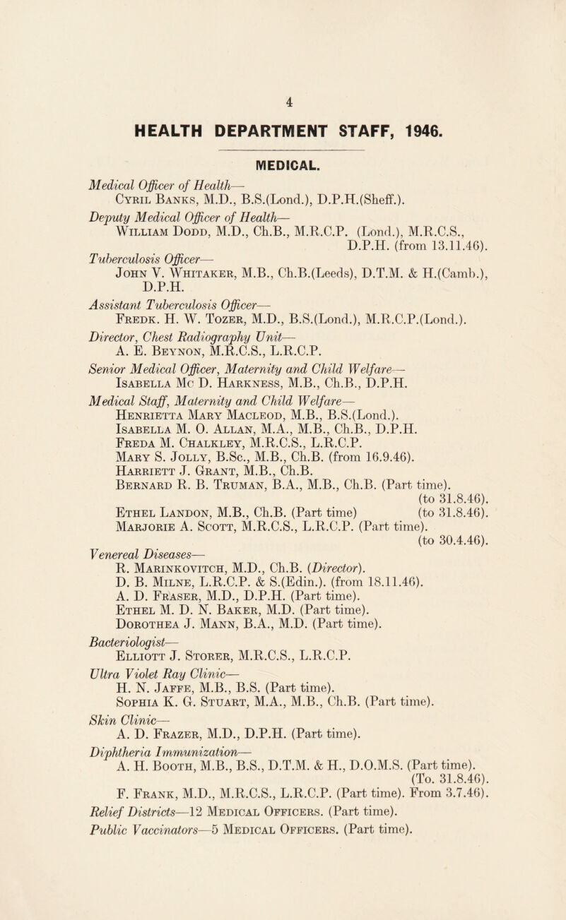 HEALTH DEPARTMENT STAFF, 1946. MEDICAL. Medical Officer of Health— Cyril Banks, M.D., B.S.(LoncL), D.P.HJSheff.). Deputy Medical Officer of Health— William Dodd, M.D., Ch.B., M.B.C.P. (Bond.), M.R.C.S., D.P.H. (from 13.11.46). Tuberculosis Officer— John V. Whitaker, M.B., Ch.B.(Leeds), D.T.M. & H.(Camb.), D.P.H. Assistant Tuberculosis Officer— Fredk. H. W. Tozer, M.D., B.SJLond.), M.R.C.PJLond.). Director, Chest Radiography Unit— A. E. Beynon, M.R.C.S., L.R.C.P. Senior Medical Officer, Maternity and Child Welfare— Isabella Me D. Harkness, M.B., Ch.B., D.P.H. Medical Staff, Maternity and Child Welfare— Henrietta Mary Macleod, M.B., B.SJLond.). Isabella M. 0. Allan, M.A., M.B., Ch.B., D.P.H. Freda M. Chalkley, M.R.C.S., L.R.C.P. Mary S. Jolly, B.Sc., M.B., Ch.B. (from 16.9.46). Harriett J. Grant, M.B., Ch.B. Bernard R. B. Truman, B.A., M.B., Ch.B. (Part time). (to 31.8.46). Ethel Landon, M.B., Ch.B. (Part time) (to 31.8.46). Marjorie A. Scott, M.R.C.S., L.R.C.P. (Part time). (to 30.4.46). Venereal Diseases— R. Marinkovitch, M.D., Ch.B. {Director). D. B. Milne, L.R.C.P. & S.(Edin.). (from 18.11.46). A. D. Fraser, M.D., D.P.H. (Part time). Ethel M. D. N. Baker, M.D. (Part time). Dorothea J. Mann, B.A., M.D. (Part time). Bacteriologist— Elliott J. Storer, M.R.C.S., L.R.C.P. Ultra Violet Ray Clinic— H. N. Jaffe, M.B., B.S. (Part time). Sophia K. G. Stuart, M.A., M.B., Ch.B. (Part time). A. D. Frazer, M.D., D.P.H. (Part time). Diphtheria Immunization— A. H. Booth, M.B., B.S., D.T.M. & H., D.O.M.S. (Part time). (To. 31.8.46). F. Frank, M.D., M.R.C.S., L.R.C.P. (Part time). From 3.7.46). Relief Districts—12 Medical Officers. (Part time). Public Vaccinators—5 Medical Officers. (Part time).