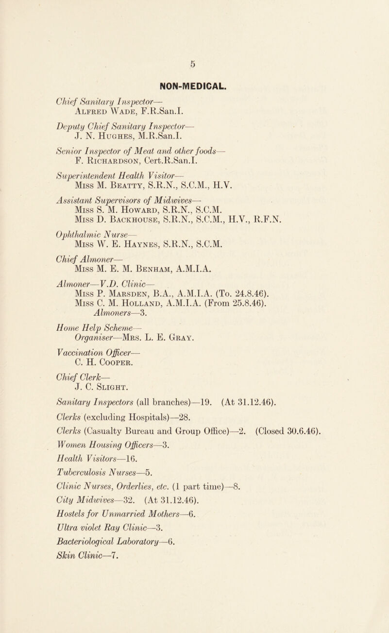 NON-MEDICAL. Chief Sanitary Inspector— Alfred Wade, F.R.San.I. Deputy Chief Sanitary Inspector— J. N. Hughes, M.R.San.I. Senior Inspector of Meat and other foods—- F. Richardson, Cert.R.San.I. Superintendent Health Visitor— Miss M. Beatty, S.R.N., S.C.M., PI.V. Assistant Supervisors of Midwives—- Miss S. M. Howard, S.R.N., S.C.M. Miss D. Backhouse, S.R.N., S.C.M., H.V., R.F.N. Ophthalmic Nurse— Miss W. E. Haynes, S.R.N., S.C.M. Chief Almoner— Miss M. E. M. Benham, A.M.I.A. Almoner—V.D. Clinic— Miss P. Marsden, B.A., A.M.I.A. (To. 24.8.46). Miss C. M. Holland, A.M.I.A. (From 25.8.46). Almoners—3. Home Help Scheme— Organiser—Mrs. L. E. Gray. Vaccination Officer— C. H. Cooper. Chief Clerk— J. C. Slight. Sanitary Inspectors (all branches)—19. (At 31.12.46). Clerks (excluding Hospitals)—28. Clerks (Casualty Bureau and Group Office)—2. (Closed 30.6.46). Women Housing Officers—3. Health Visitors—16. Tuberculosis Nurses—5. Clinic Nurses, Orderlies, etc. (1 part time)—8. City Midwives—32. (At 31.12.46). Hostels for Unmarried Mothers—6. Ultra violet Ray Clinic—3. Bacteriological Laboratory—6. Skin Clinic—7.