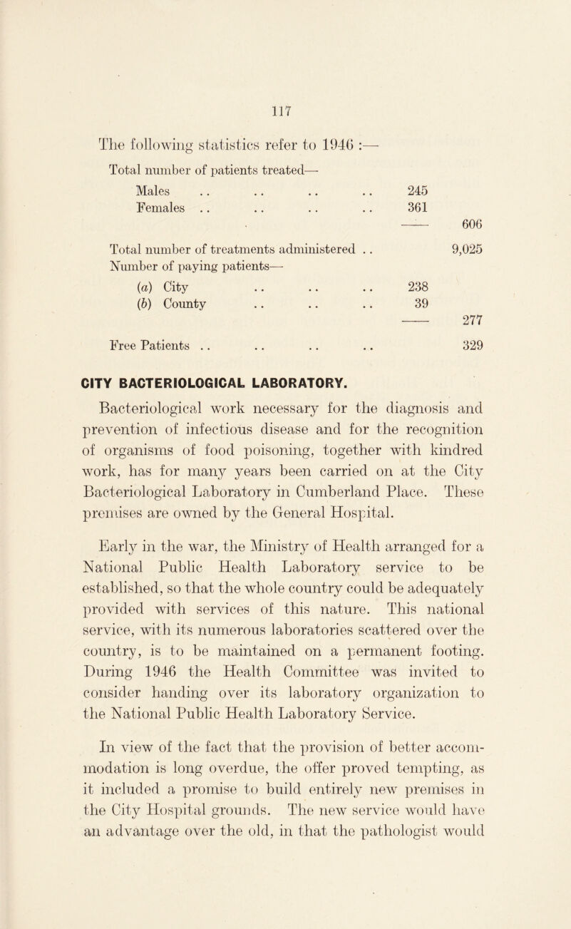 The following statistics refer to 1946 : Total number of patients treated—• Males Females 245 361 606 Total number of treatments administered .. Number of paying patients— 9,025 (а) City (б) County 238 39 277 Free Patients .. 329 CITY BACTERIOLOGICAL LABORATORY. Bacteriological work necessary for the diagnosis and prevention of infectious disease and for the recognition of organisms of food poisoning, together with kindred work, has for many years been carried on at the City Bacteriological Laboratory in Cumberland Place. These premises are owned by the General Hospital. Early in the war, the Ministry of Health arranged for a National Public Health Laboratory service to be established, so that the whole country could be adequately provided with services of this nature. This national service, with its numerous laboratories scattered over the country, is to be maintained on a permanent footing. During 1946 the Health Committee was invited to consider handing over its laboratory organization to the National Public Health Laboratory Service. In view of the fact that the provision of better accom¬ modation is long overdue, the offer proved tempting, as it included a promise to build entirely new premises in the City Hospital grounds. The new service would have an advantage over the old, in that the pathologist would