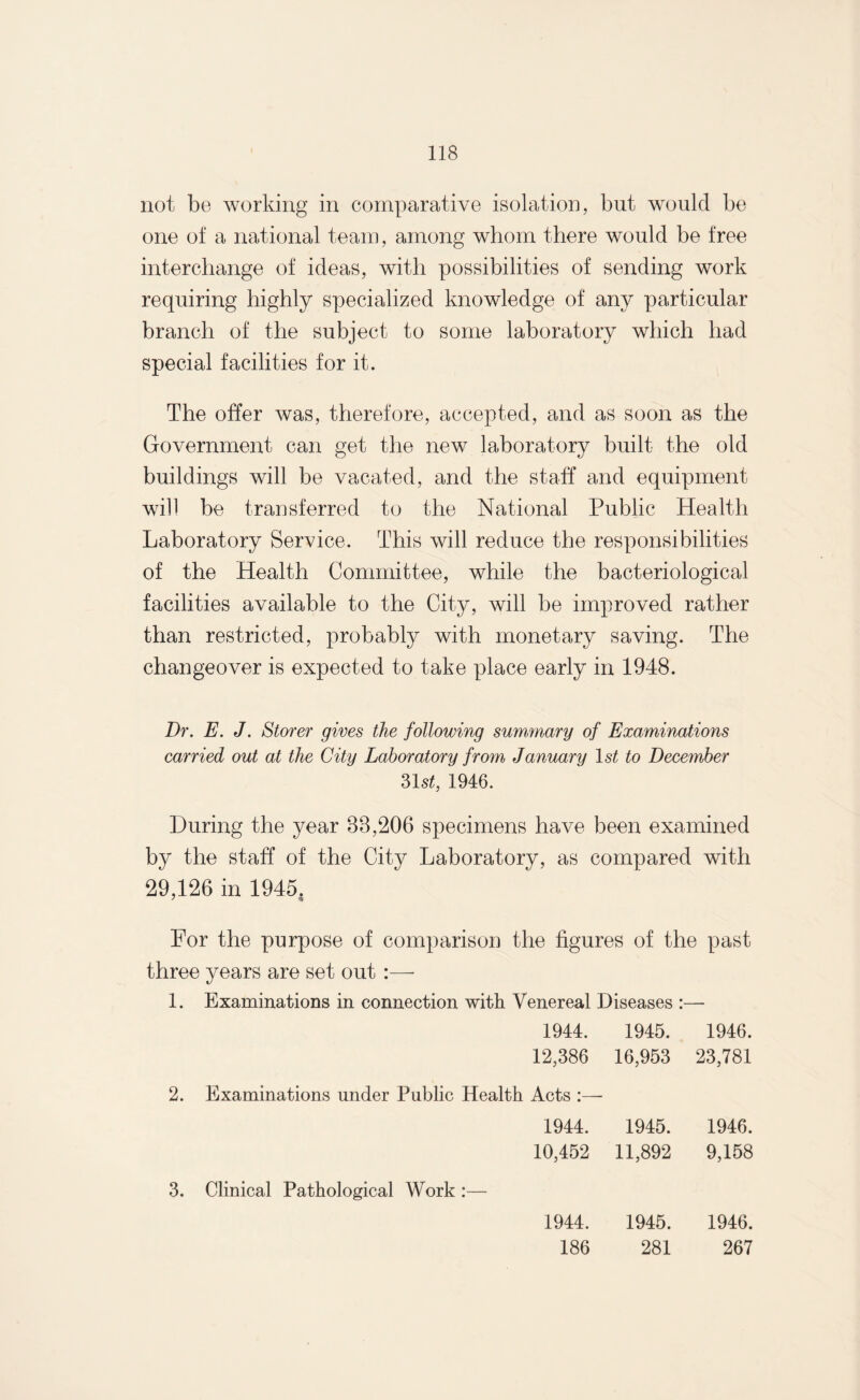 not be working in comparative isolation, but would be one of a national team, among whom there would be free interchange of ideas, with possibilities of sending work requiring highly specialized knowledge of any particular branch of the subject to some laboratory which had special facilities for it. The offer was, therefore, accepted, and as soon as the Government can get the new laboratory built the old buildings will be vacated, and the staff and equipment will be transferred to the National Public Health Laboratory Service. This will reduce the responsibilities of the Health Committee, while the bacteriological facilities available to the City, will be improved rather than restricted, probably with monetary saving. The changeover is expected to take place early in 1948. Dr. E. J. Storer gives the following summary of Examinations carried out at the City Laboratory from January 1st to December 31 st, 1946. During the year 83,206 specimens have been examined by the staff of the City Laboratory, as compared with 29,126 in 1945. For the purpose of comparison the figures of the past three years are set out :—- 1. Examinations in connection with Venereal Diseases :— 1944. 1945. 1946. 12,386 16,953 23,781 2. Examinations under Public Health Acts :— 1944. 1945. 1946. 10,452 11,892 9,158 1944. 1945. 1946. 186 281 267 3. Clinical Pathological Work :