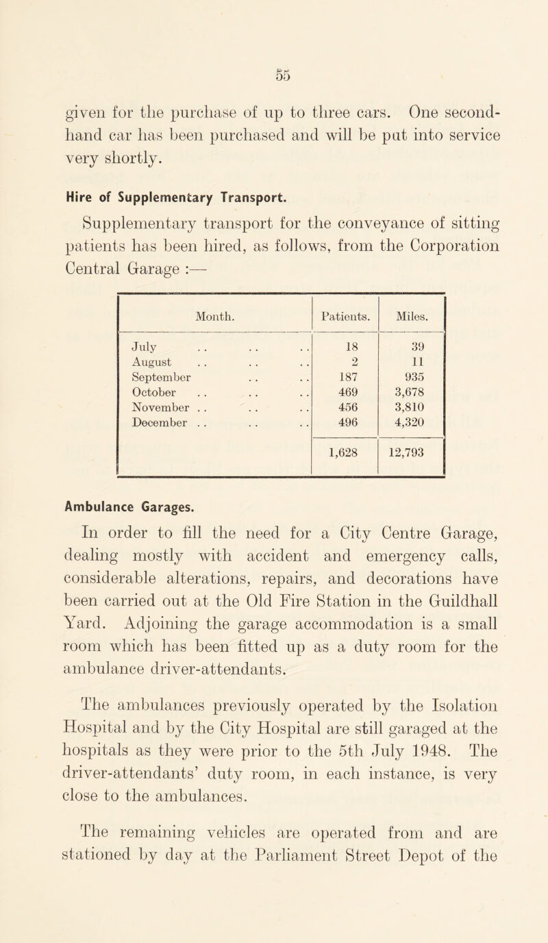 given for the purchase of up to three cars. One second¬ hand car has been purchased and will be put into service very shortly. Hire of Supplementary Transport. Supplementary transport for the conveyance of sitting patients has been hired, as follows, from the Corporation Central Oarage Month. Patients. Miles. July 18 39 August 2 11 September 187 935 October 469 3,678 November . . 456 3,810 December . . 496 4,320 1,628 12,793 Ambulance Garages. In order to fill the need for a City Centre Garage, dealing mostly with accident and emergency calls, considerable alterations, repairs, and decorations have been carried out at the Old Fire Station in the Guildhall Yard. Adjoining the garage accommodation is a small room which has been fitted up as a duty room for the ambulance driver-attendants. The ambulances previously operated by the Isolation Hospital and by the City Hospital are still garaged at the hospitals as they were prior to the 5th July 1948. The driver-attendants’ duty room, in each instance, is very close to the ambulances. The remaining vehicles are operated from and are stationed by day at the Parliament Street Depot of the