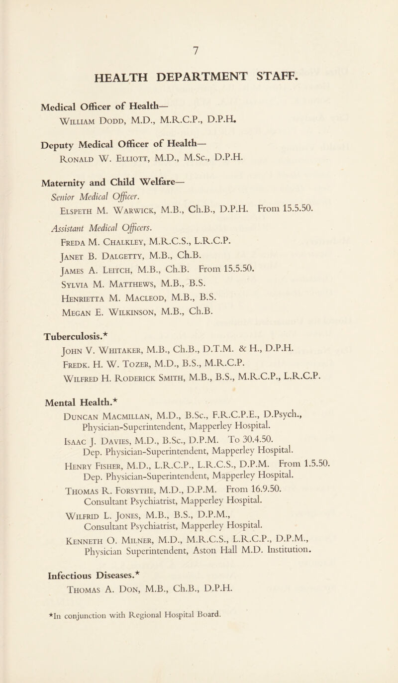 HEALTH DEPARTMENT STAFF. Medical Officer of Health— William Dodd, M.D., M.R.C.P., D.P.H. Deputy Medical Officer of Health— Ronald W. Elliott, M.D., M.Sc., D.P.H. Maternity and Child Welfare— Senior Medical Officer. Elspeth M. Warwick, M.B., Ch.B., D.P.H. From 15.5.50. Assistant Medical Officers. Freda M. Chalkley, M.R.C.S., L.R.C.P. Janet B. Dalgetty, M.B., Ch.B. James A. Leitch, M.B., Ch.B. From 15.5.50. Sylvia M. Matthews, M.B., B.S. Henrietta M. Macleod, M.B., B.S. Megan E. Wilkinson, M.B., Ch.B. Tuberculosis.* John V. Whitaker, M.B., Ch.B., D.T.M. & H., D.P.H. Fredk. H. W. Tozer, M.D., B.S., M.R.C.P. Wilfred H. Roderick Smith, M.B., B.S., M.R.C.P., L.R.C.P. Mental Health.* Duncan Macmillan, M.D., B.Sc., F.R.C.P.E., D.Psych., Physician-Superintendent, Mapperley Hospital. Isaac J. Davies, M.D., B.Sc., D.P.M. To 30.4.50. Dep. Physician-Superintendent, Mapperley Hospital. Henry Fisher, M.D., L.R.C.P., L.R.C.S., D.P.M. From 1.5.50. Dep. Physician-Superintendent, Mapperley Hospital. Thomas R. Forsythe, M.D., D.P.M. From 16.9.50. Consultant Psychiatrist, Mapperley Hospital. Wilfrid L. Jones, M.B., B.S., D.P.M., Consultant Psychiatrist, Mapperley Hospital. Kenneth O. Milner, M.D., M.R.C.S., L.R.C.P., D.P.M., Physician Superintendent, Aston Hall M.D. Institution. Infectious Diseases.* Thomas A. Don, M.B., Ch.B., D.P.H. ★In conjunction with Regional Hospital Board.