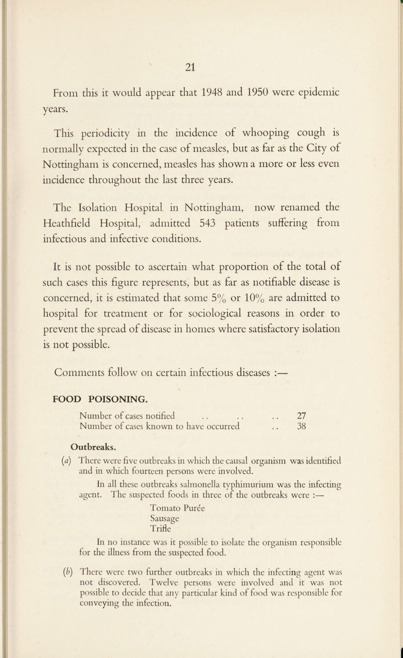 1 21 From this it would appear that 1948 and 1950 were epidemic years. This periodicity in the incidence of whooping cough is normally expected in the case of measles, but as far as the City of Nottingham is concerned, measles has shown a more or less even incidence throughout the last three years. The Isolation Flospital in Nottingham, now renamed the Heathfield Hospital, admitted 543 patients suffering from infectious and infective conditions. It is not possible to ascertain what proportion of the total of such cases this figure represents, but as far as notifiable disease is concerned, it is estimated that some 5% or 10% are admitted to hospital for treatment or for sociological reasons in order to prevent the spread of disease in homes where satisfactory isolation is not possible. Comments follow on certain infectious diseases :— FOOD POISONING. Number of cases notified .. .. .. 27 Number of cases known to have occurred .. 38 Outbreaks. (a) There were five outbreaks in which the causal organism was identified and in which fourteen persons were involved. In all these outbreaks salmonella typhimurium was the infecting agent. The suspected foods in three of the outbreaks were :— Tomato Puree Sausage Trifle In no instance was it possible to isolate the organism responsible for the illness from the suspected food. (b) There were two further outbreaks in which the infecting agent was not discovered. Twelve persons were involved and it was not possible to decide that any particular kind of food was responsible for conveying the infection.