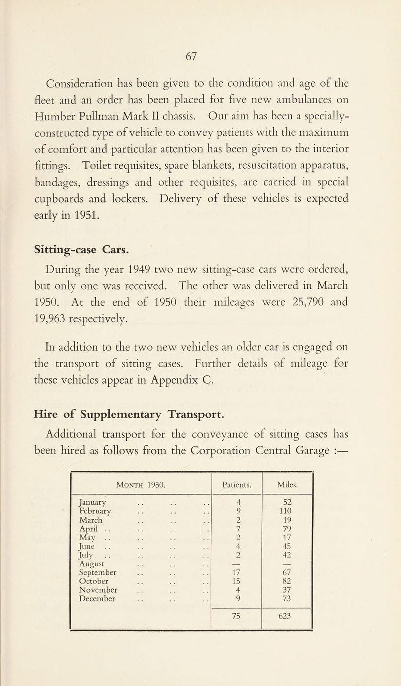Consideration has been given to the condition and age of the fleet and an order has been placed for five new ambulances on Humber Pullman Mark II chassis. Our aim has been a specially- constructed type of vehicle to convey patients with the maximum of comfort and particular attention has been given to the interior fittings. Toilet requisites, spare blankets, resuscitation apparatus, bandages, dressings and other requisites, are carried in special cupboards and lockers. Delivery of these vehicles is expected early in 1951. Sitting-case Cars. During the year 1949 two new sitting-case cars were ordered, but only one was received. The other was delivered in March 1950. At the end of 1950 their mileages were 25,790 and 19,963 respectively. In addition to the two new vehicles an older car is engaged on the transport of sitting cases. Further details of mileage for these vehicles appear in Appendix C. Hire of Supplementary Transport. Additional transport for the conveyance of sitting cases has been hired as follows from the Corporation Central Garage :— Month 1950. Patients. Miles. January 4 52 February 9 110 March 2 19 April .. 7 79 May 2 17 June .. 4 45 July. 2 42 August — — September 17 67 October 15 82 November 4 37 December 9 73 75 623